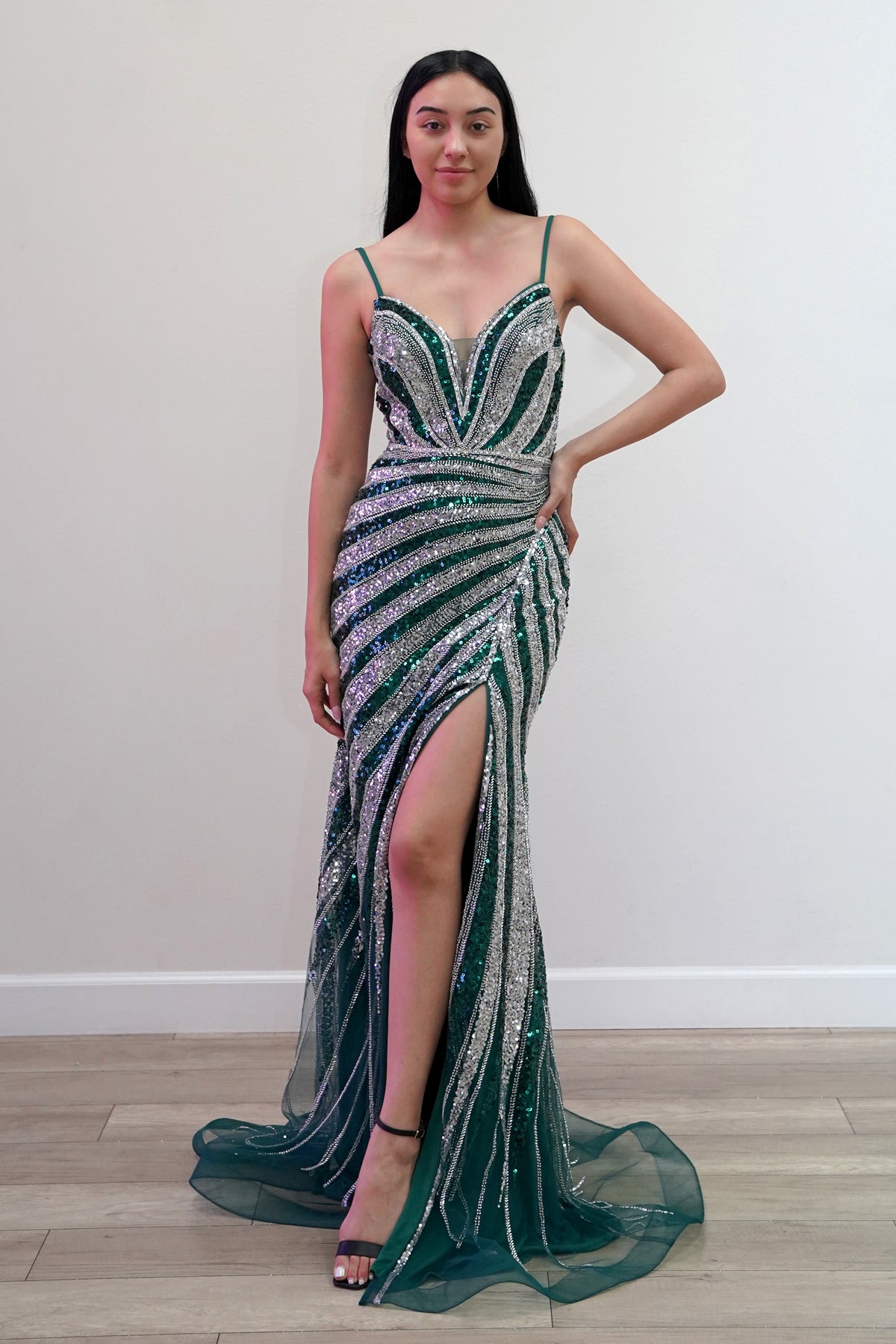 Prom Dresses Long Formal Fitted Slit Prom Dress Juliet JT2625U Green/Silver