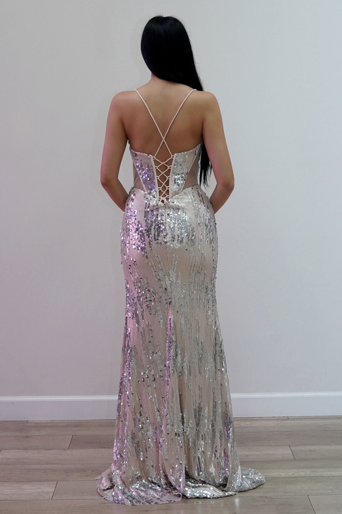 Champagne Plunge Neck Floor-Length Sequin Gown with High Slit Formal Dress Juliet JT2661S