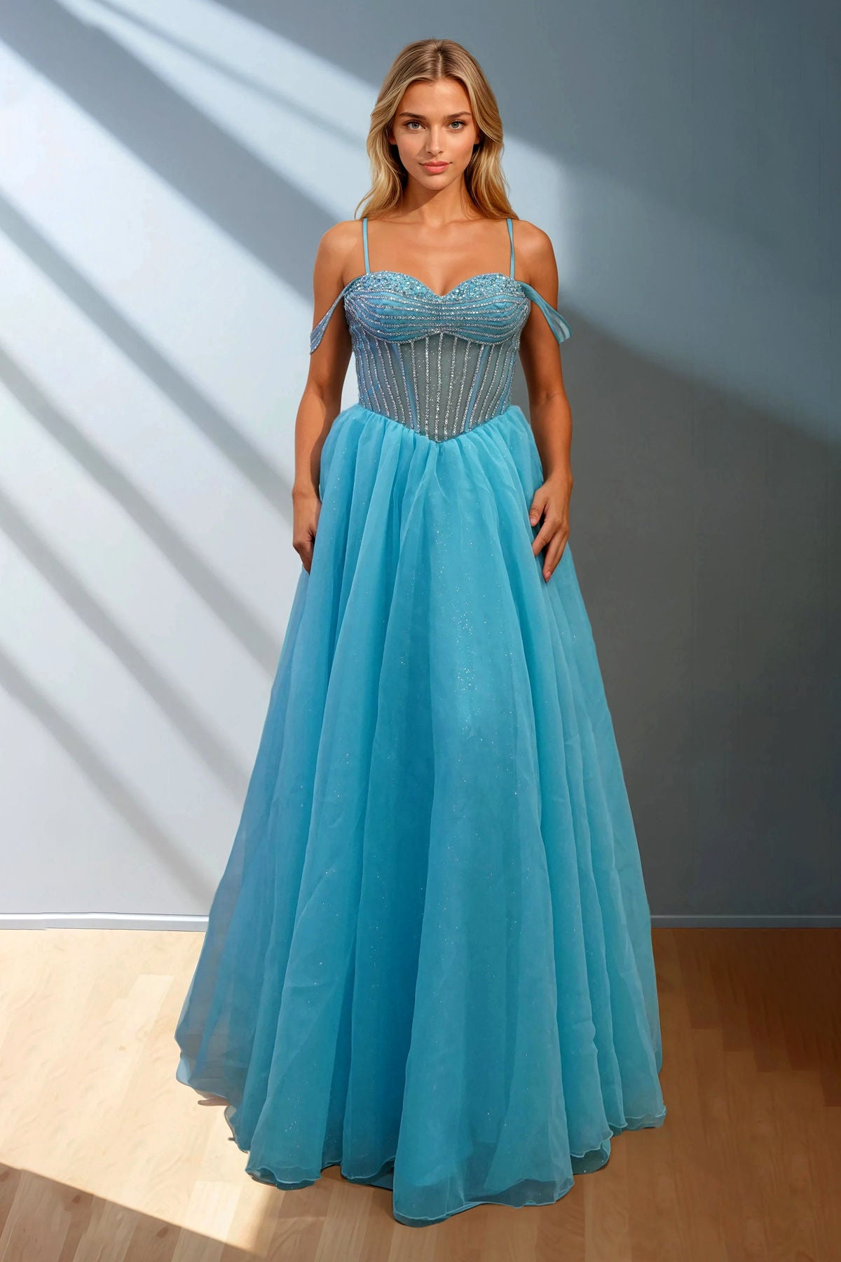 Aqua Blue Strapless Corset Satin Gown with Flowing Skirt and High Slit Formal Gown Juliet JT2665S