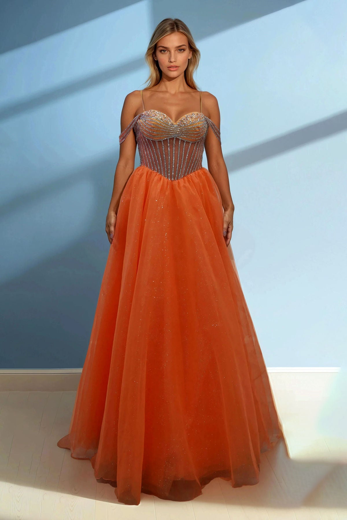 Orange Strapless Corset Satin Gown with Flowing Skirt and High Slit Formal Gown Juliet JT2665S