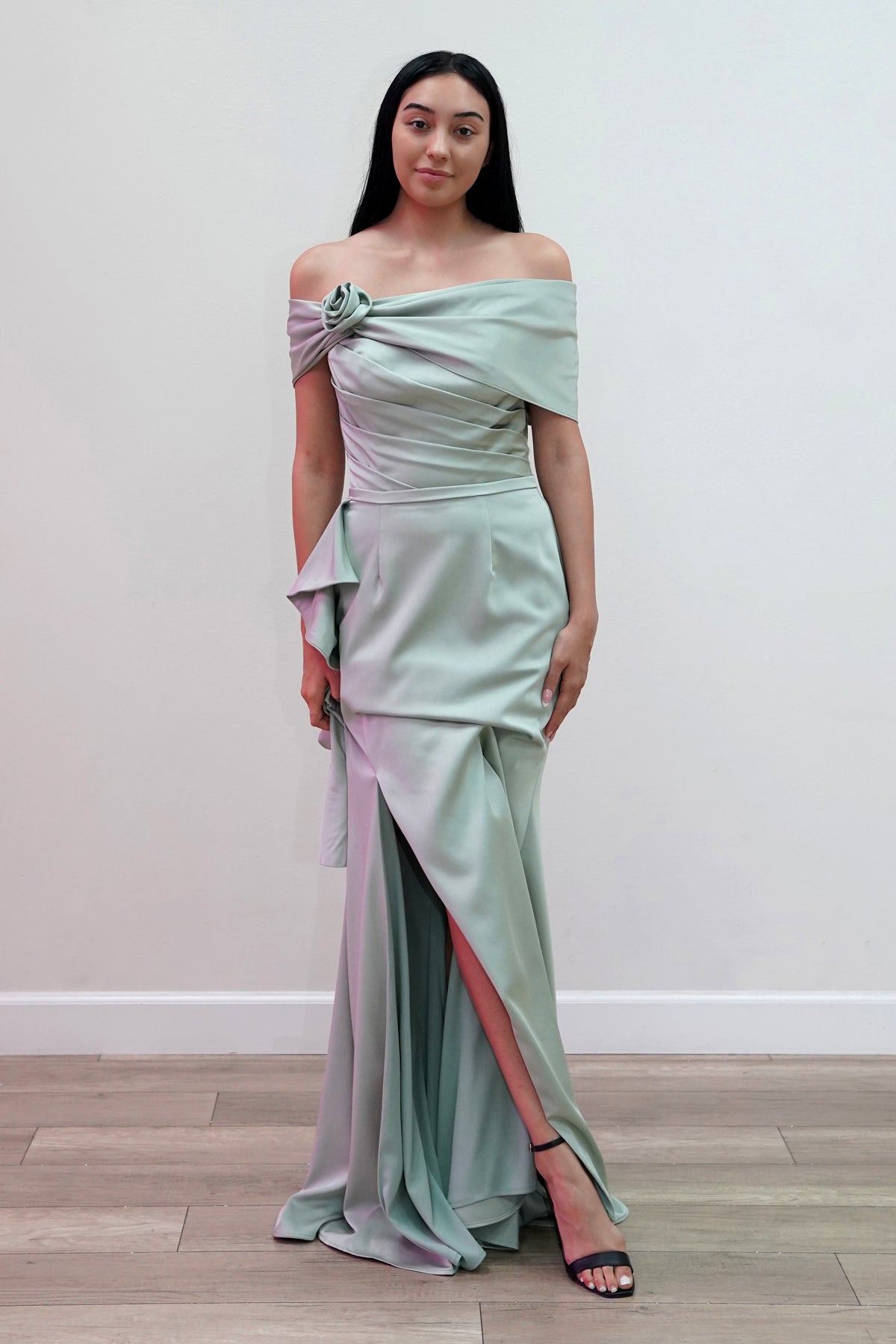 Prom Dresses 3D Floral Fitted Ruffle Long Formal Prom Dress Olive Green