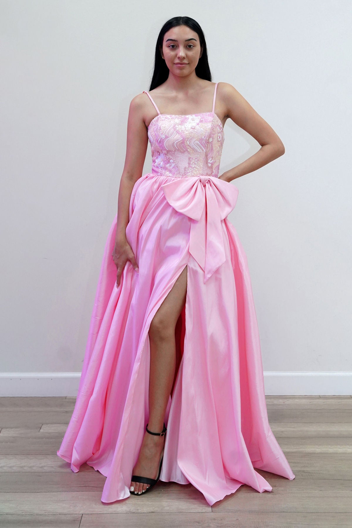 Baby Pink Sweetheart Floor-Length Satin Formal Gown with High Slit Juliet JT2701A