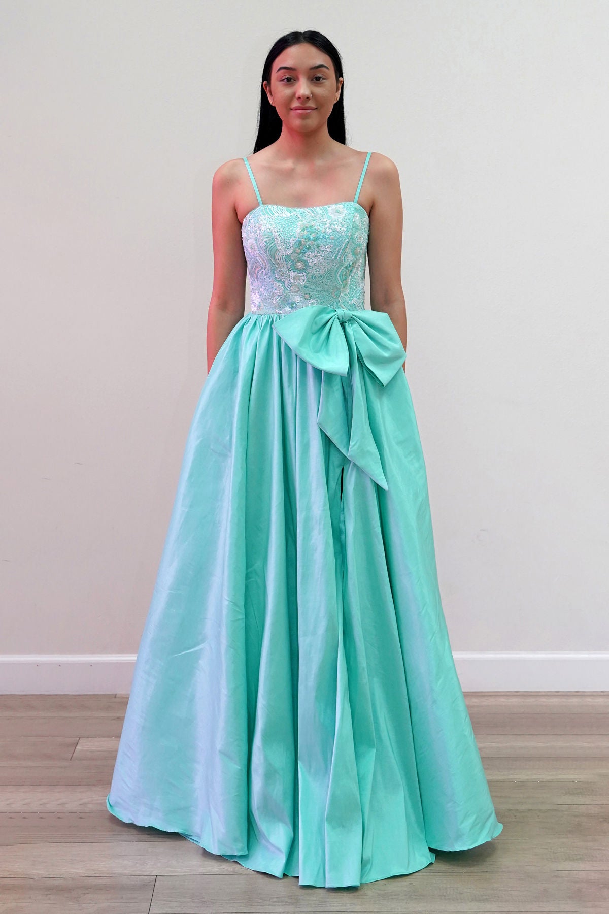 Aqua Mint Sweetheart Floor-Length Satin Formal Gown with High Slit Juliet JT2701A