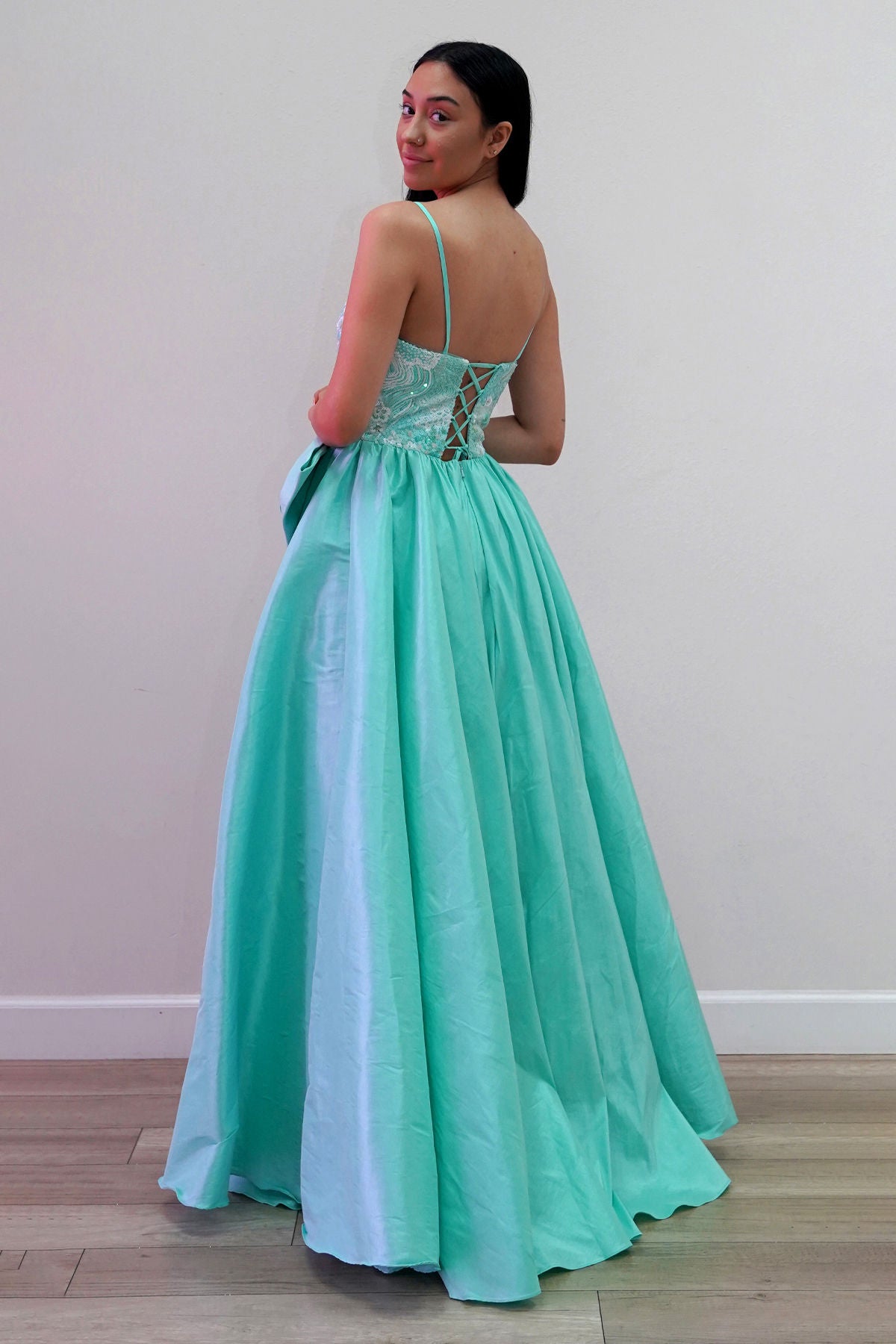 Aqua Mint Sweetheart Floor-Length Satin Formal Gown with High Slit Juliet JT2701A