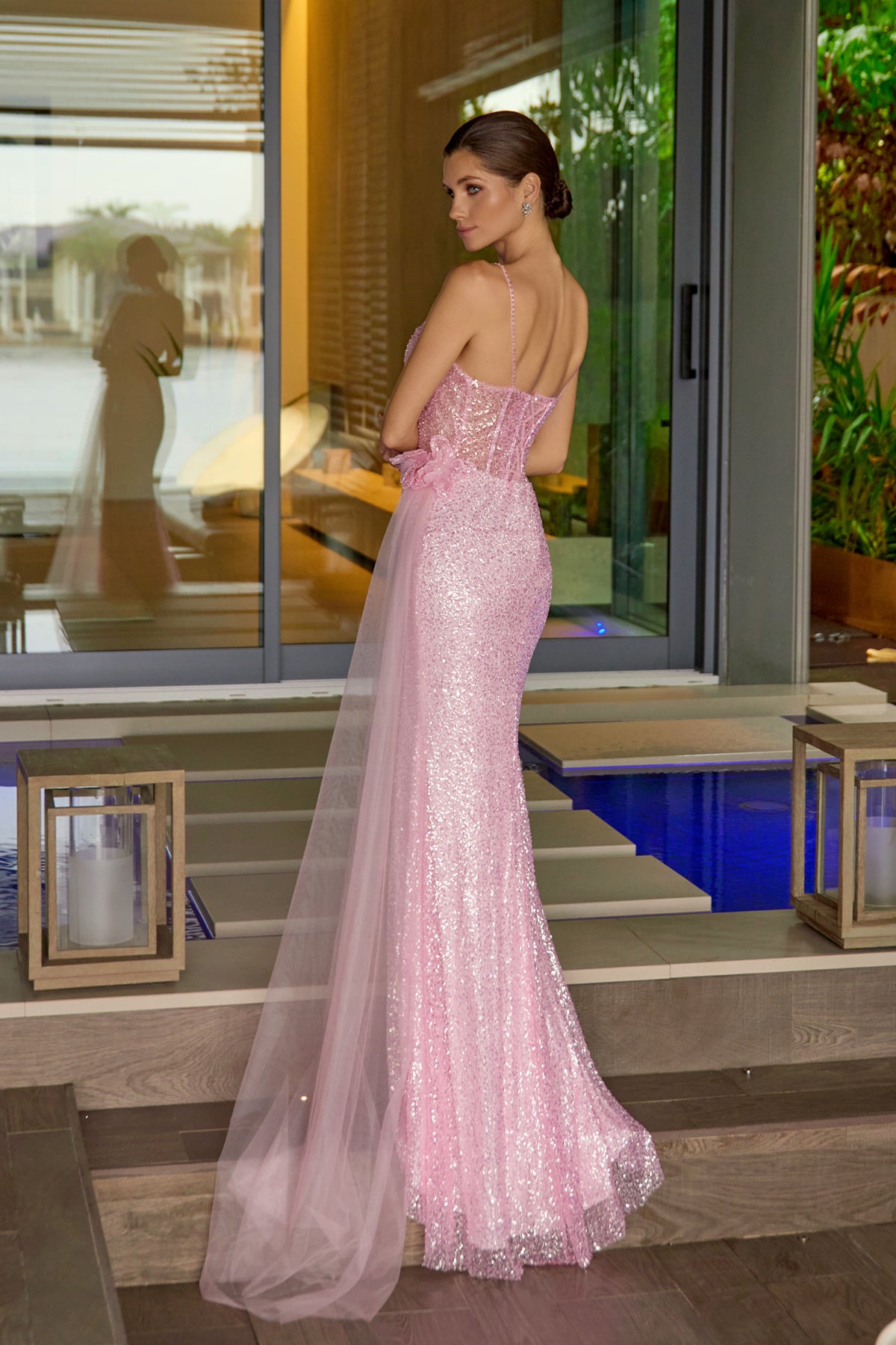 Prom Dresses Floral Applique Long Formal Corset Slit Prom Dress Juliet JT2683AW Baby Pink