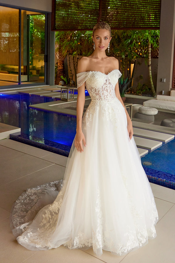 Long Corset Lace Applique Wedding Dress Juliet JT2634LW
