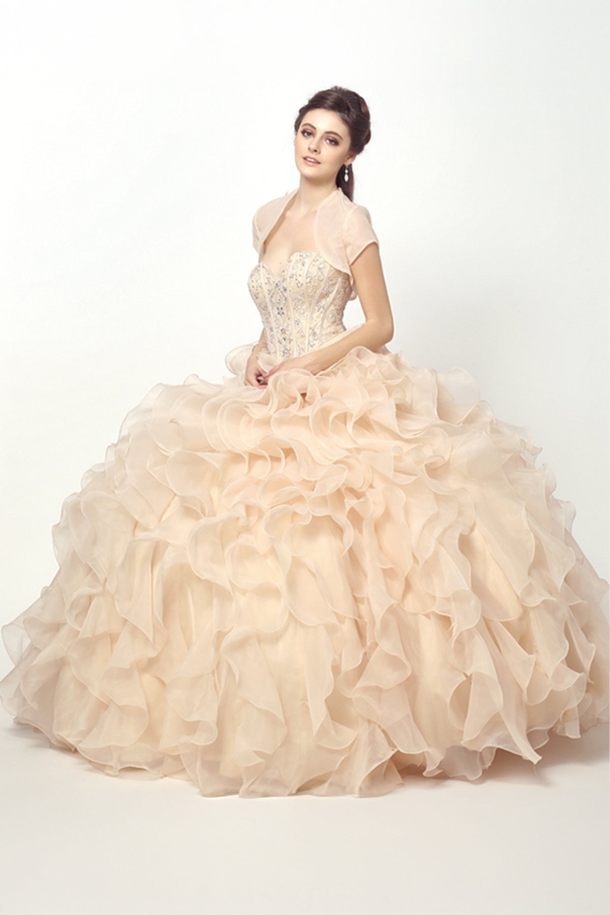 Quinceniera Dresses Beaded Corset Long Ball Gown Ruffle Quinceanera Dress Juliet JT1418 Champagne