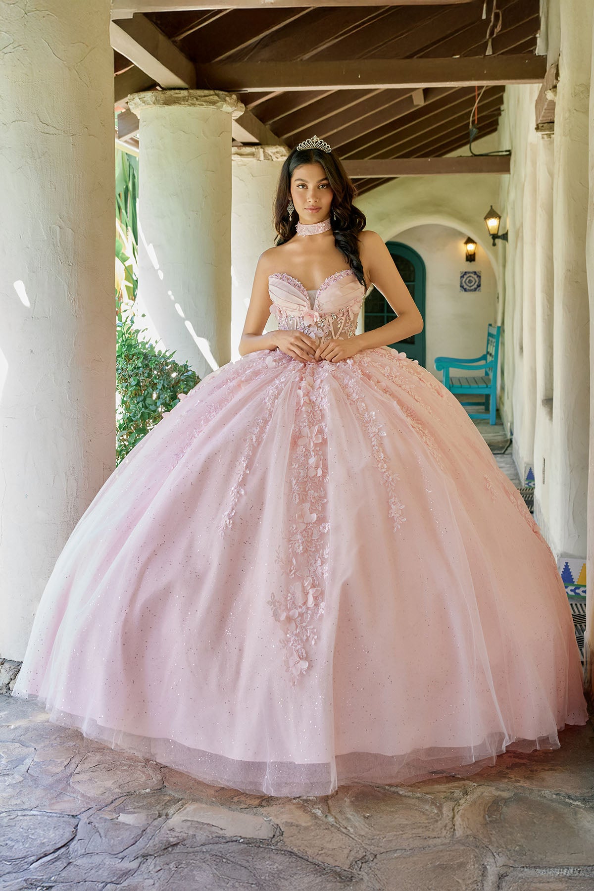 Quinceniera Dresses Long Ball Gown Floral Applique Quinceniera Dress Juliet JT1497J Blush