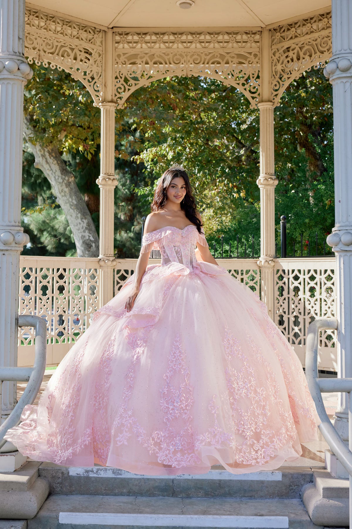 Quinceniera Dresses Long Floral Lace Corset Quinceniera Dress Juliet JT1503J Blush