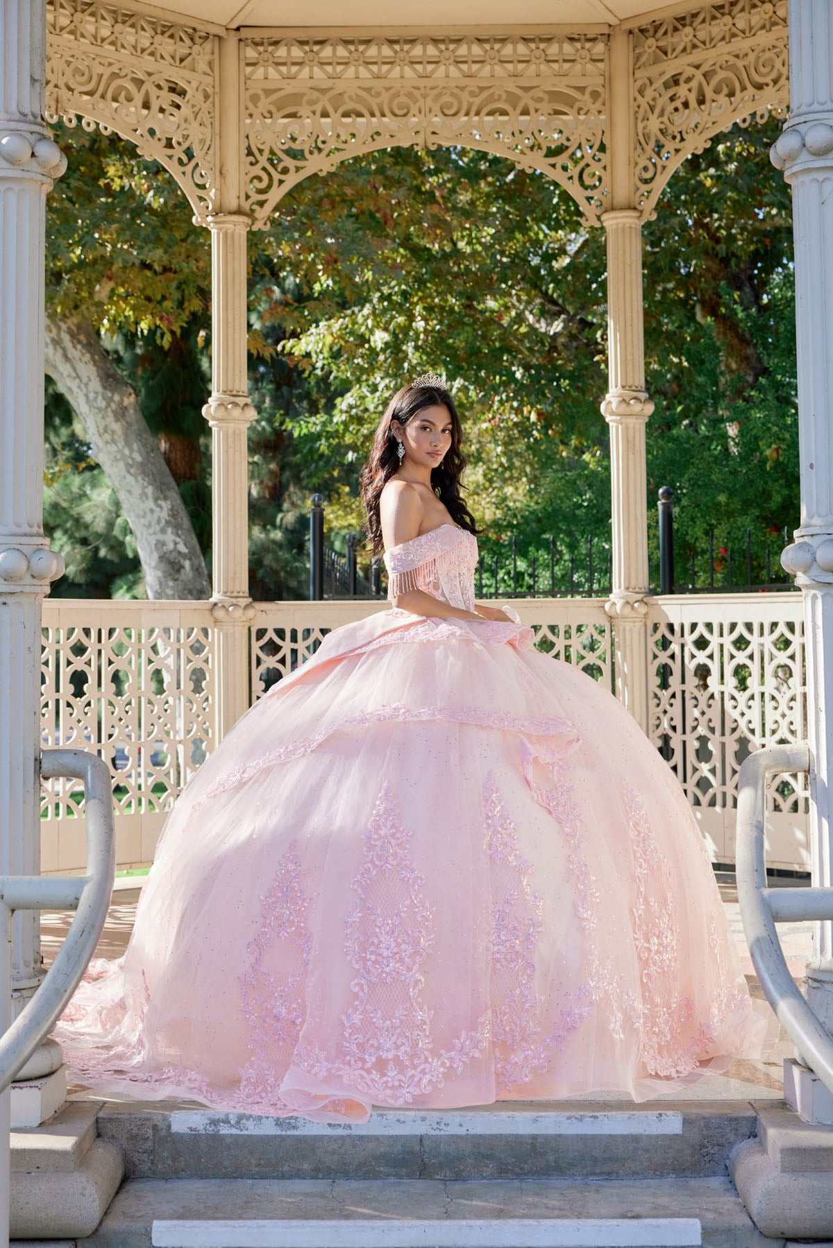 Quinceniera Dresses Long Floral Lace Corset Quinceniera Dress Juliet JT1503J Blush