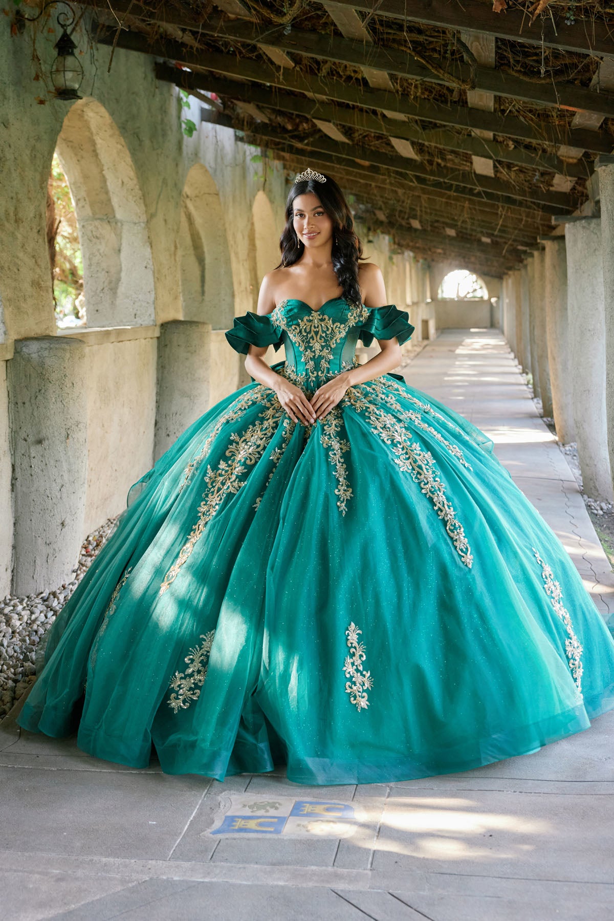 Quinceniera Dresses Long Lace Ball Gown Quinceniera Dress Juliet JT1504J Green/Gold