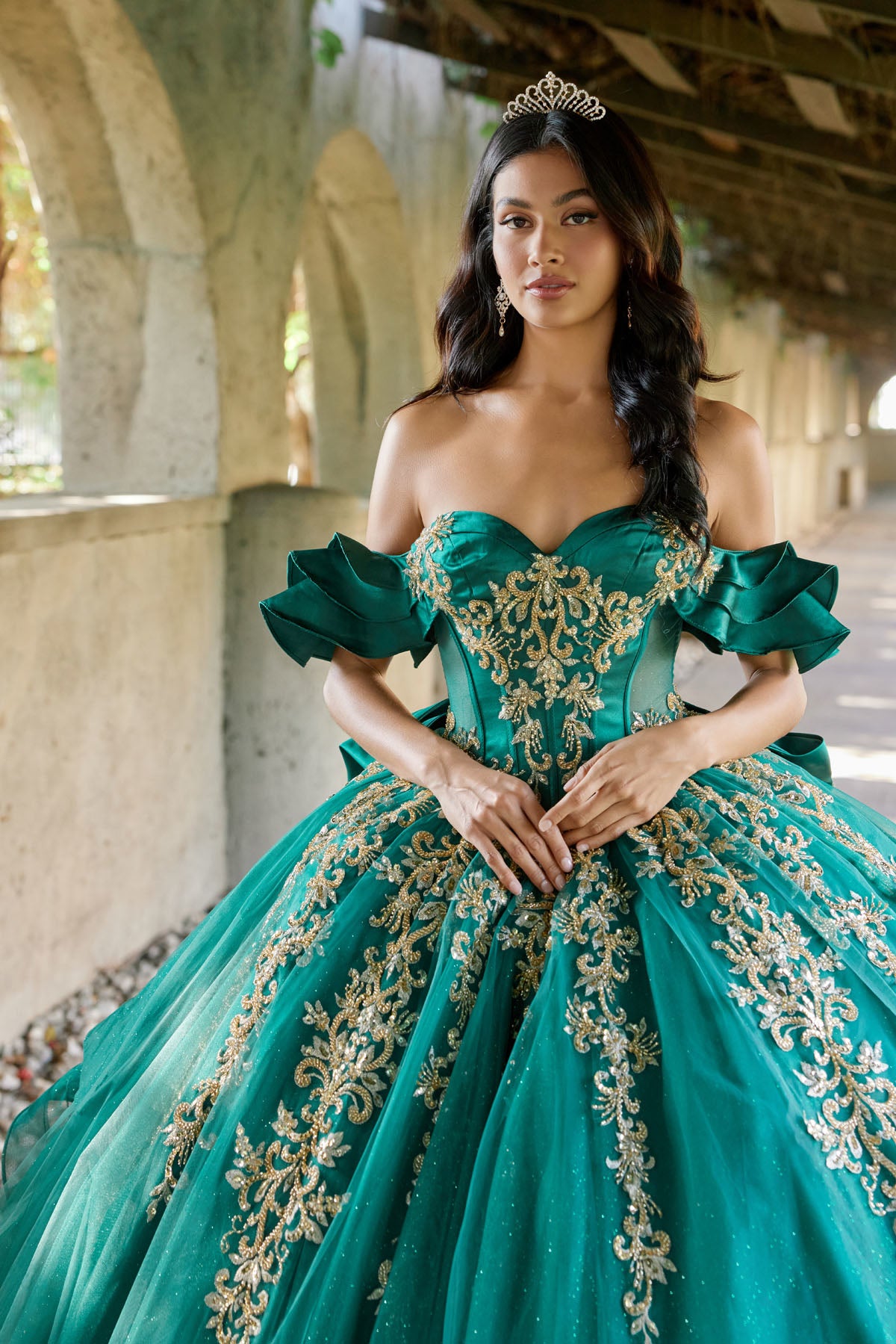 Quinceniera Dresses Long Lace Ball Gown Quinceniera Dress Juliet JT1504J Green/Gold