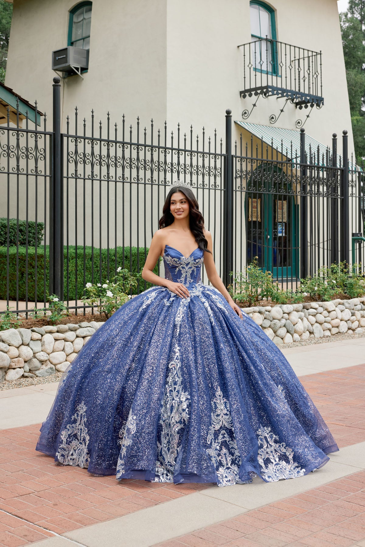 Quinceniera Dresses Long Lace Applique Glitter Quinceniera Dress Juliet JT1512H Navy Blue