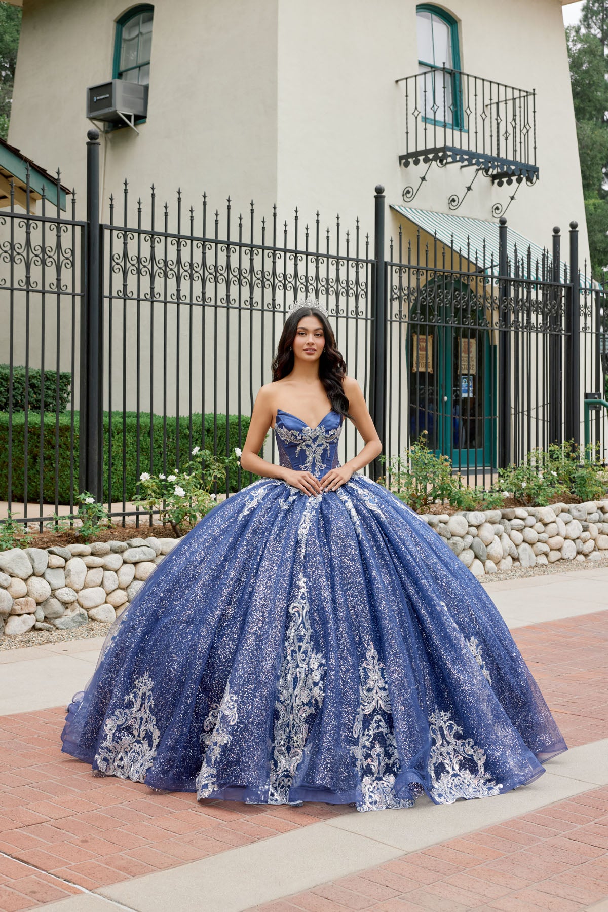 Quinceniera Dresses Long Lace Applique Glitter Quinceniera Dress Juliet JT1512H Navy Blue