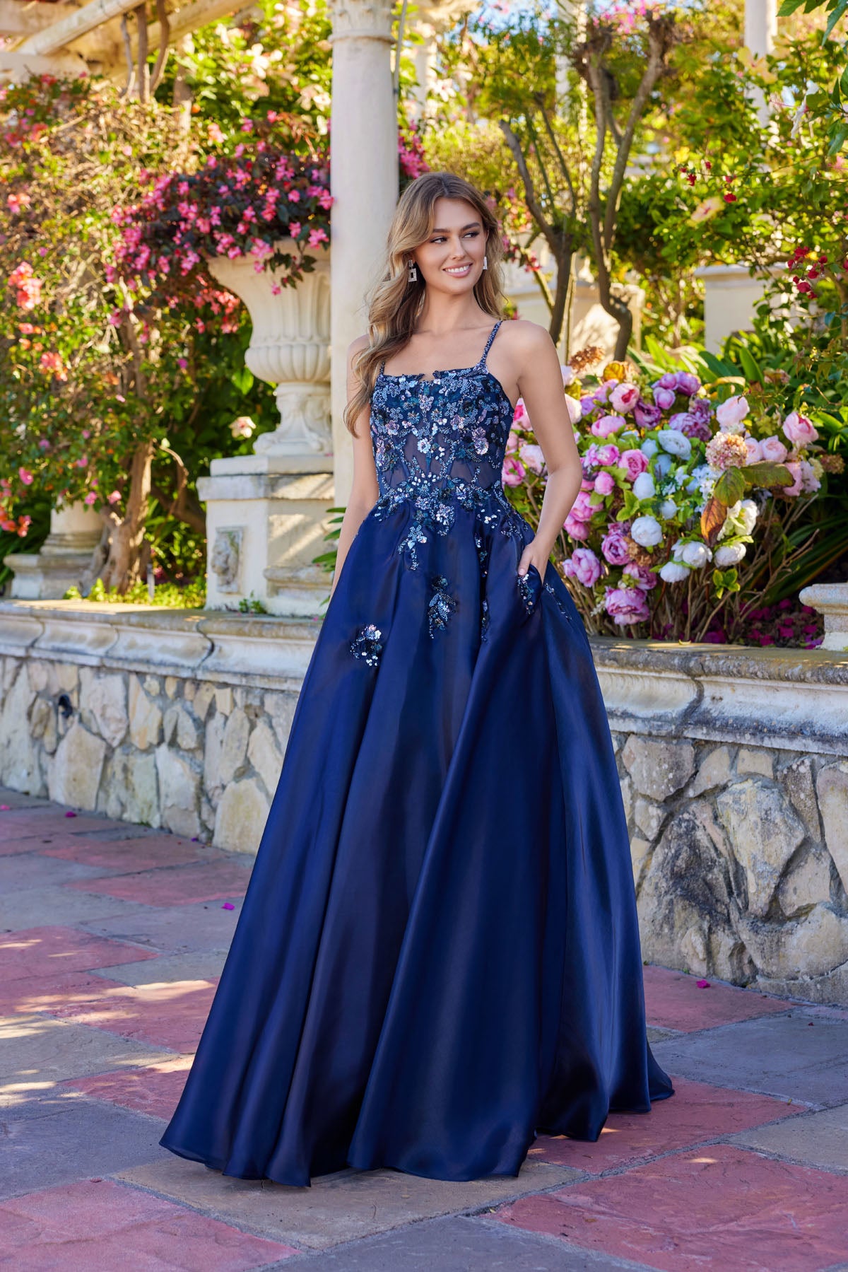 Prom Dresses Evening Long Formal 3D Floral Prom Dress Navy Blue