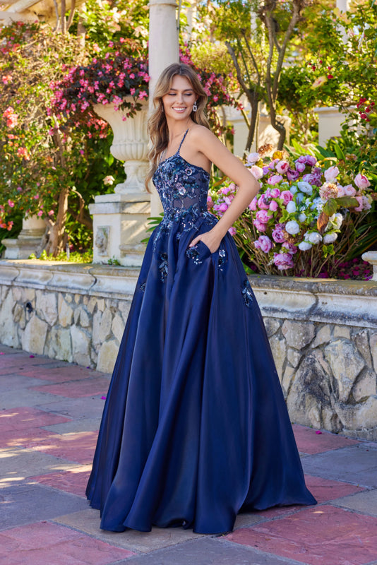 Prom Dresses Evening Long Formal 3D Floral Prom Dress Navy Blue