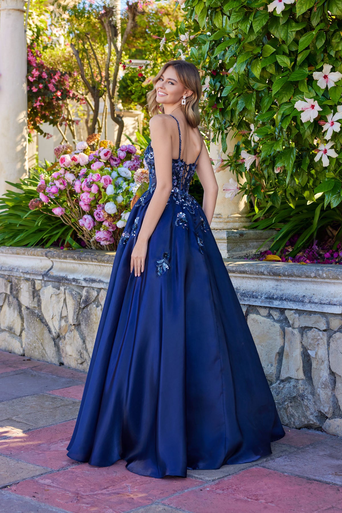 Prom Dresses Evening Long Formal 3D Floral Prom Dress Navy Blue