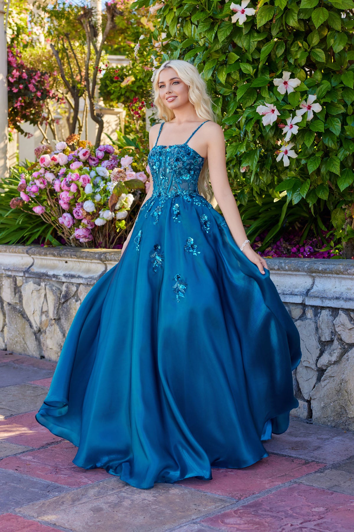 Prom Dresses Evening Long Formal 3D Floral Prom Dress Teal