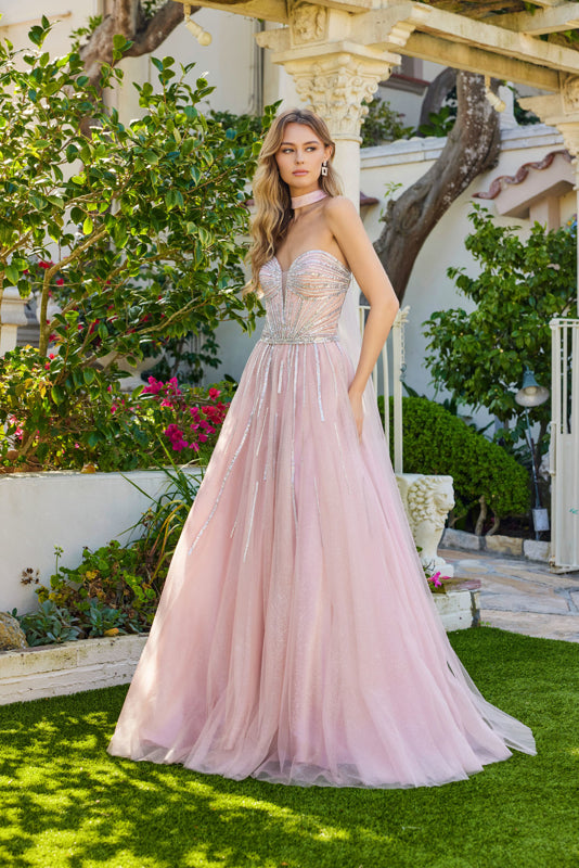 Prom Dresses Sequin Beaded Long Formal Ball Gown Corset Prom Dress Blush