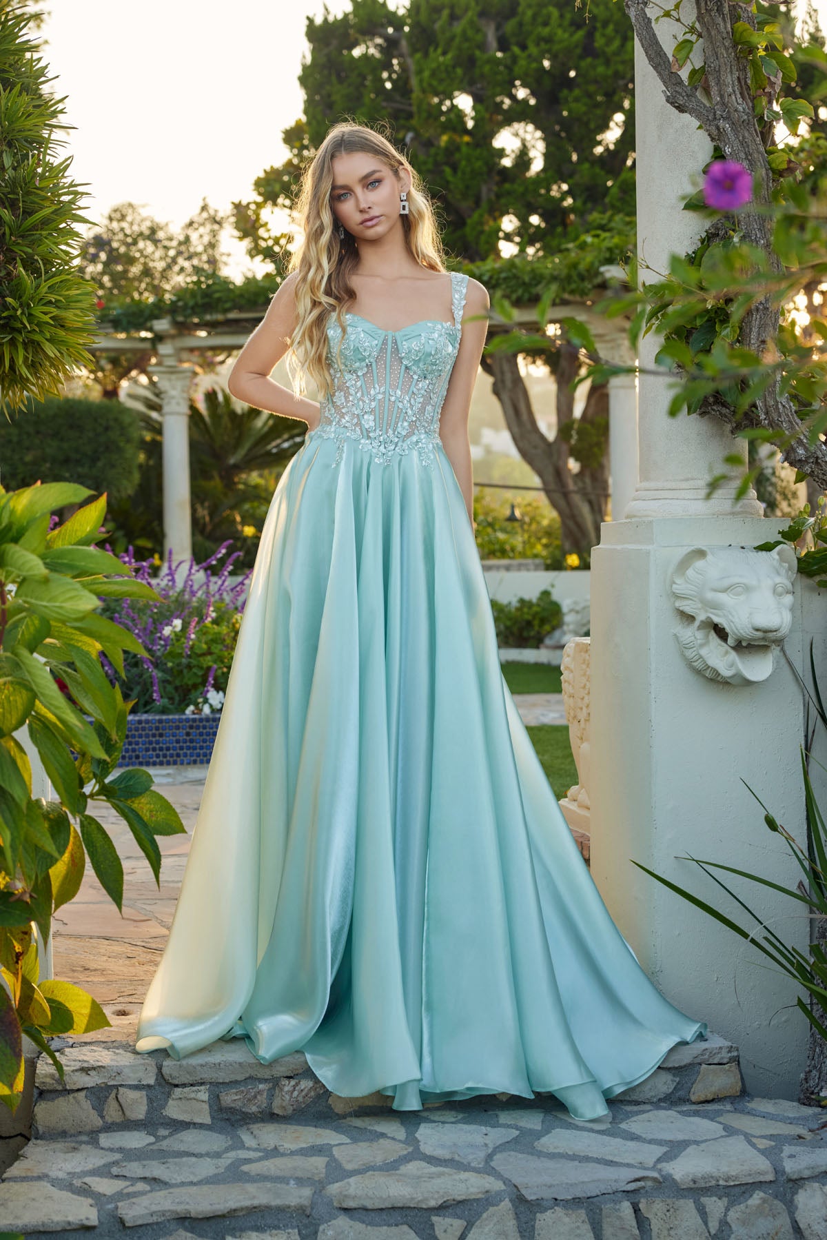 Juliet JT2639G Corset Floral Long Formal Beaded A Line Prom Dress