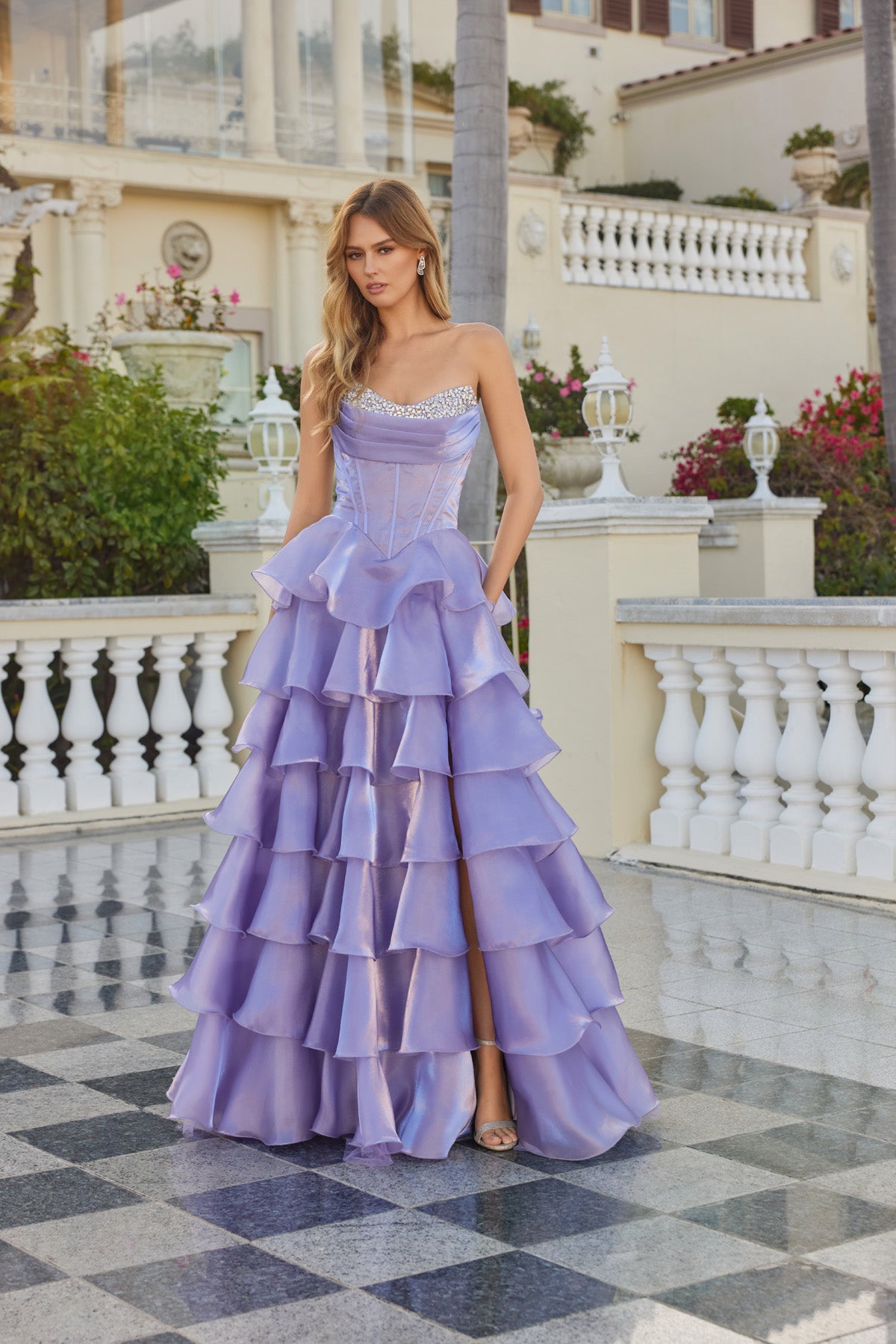 Juliet JT2664S Beaded Long Formal Fitted Ruffle Prom Dress