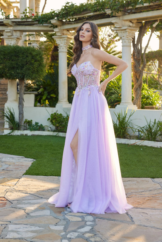 Prom Dresses A Line 3D Floral Long Formal Ball Gown Prom Dress Lilac