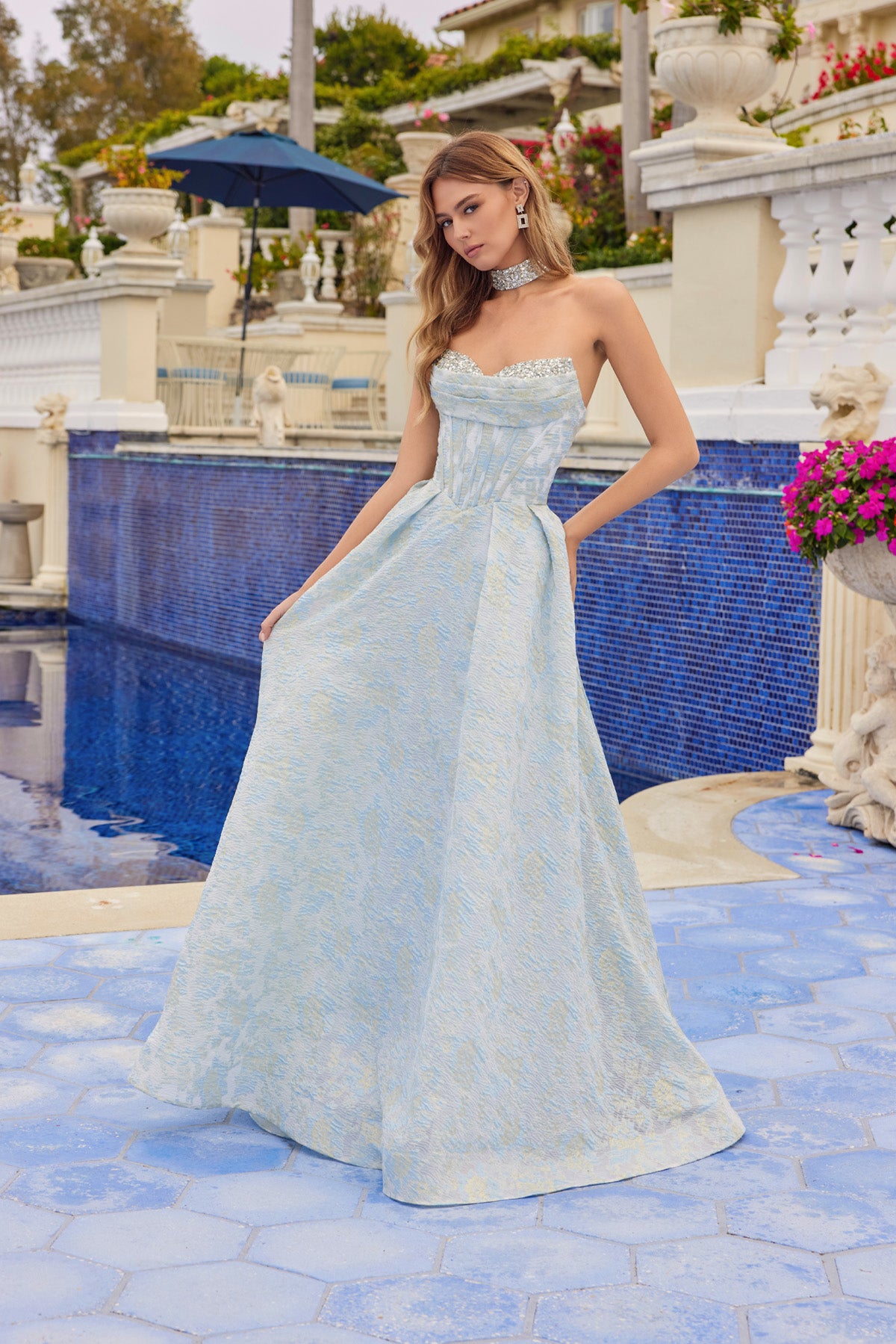 Juliet JT2693A Long Formal Beaded Fitted Floral Ball Gown Prom