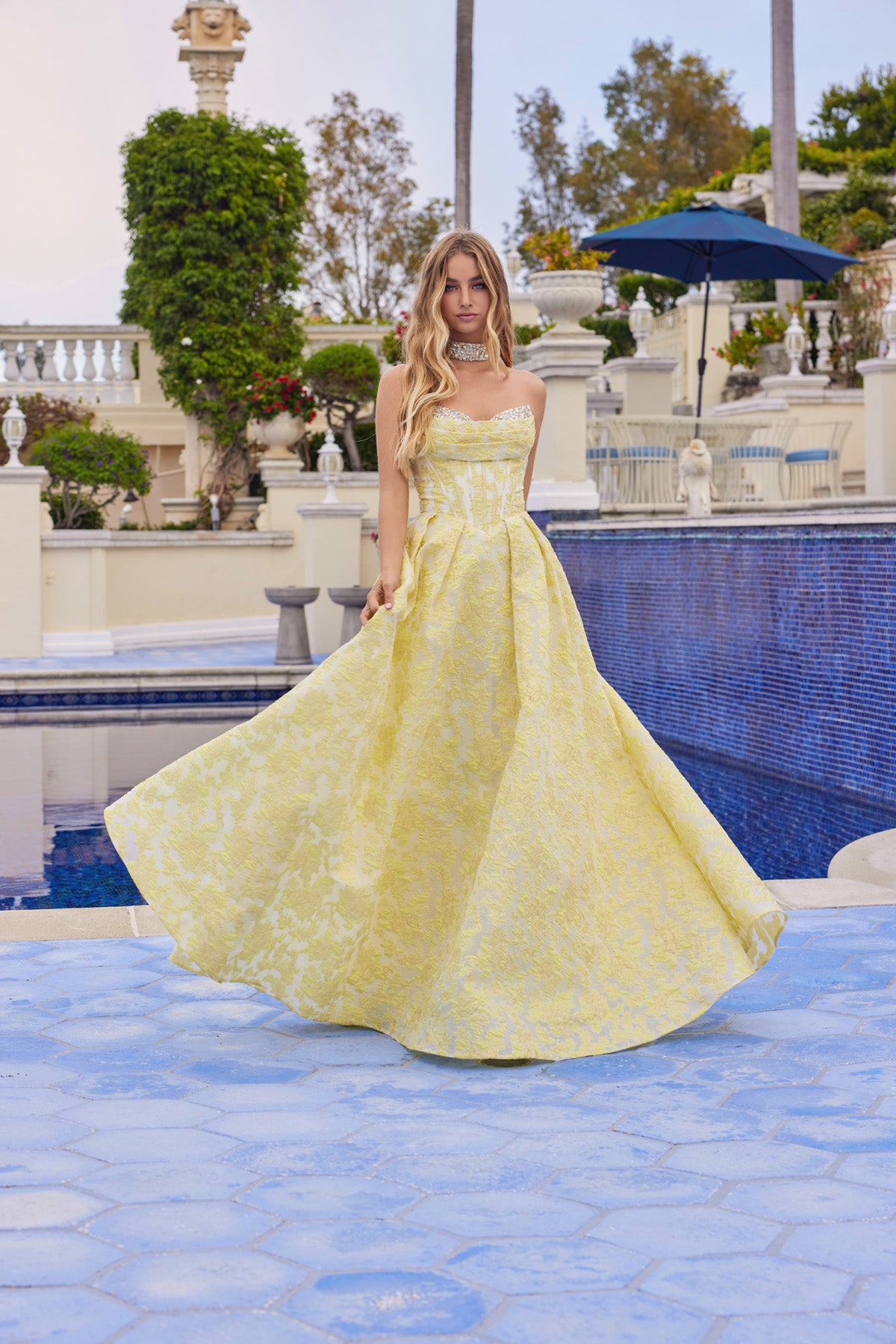 Juliet JT2693A Long Formal Beaded Fitted Floral Ball Gown Prom Dress - Dusty Blue / 12 Juliet JT2693A Long Formal Beaded Fitted Floral Ball Gown Prom Dress - Dusty Blue / 12