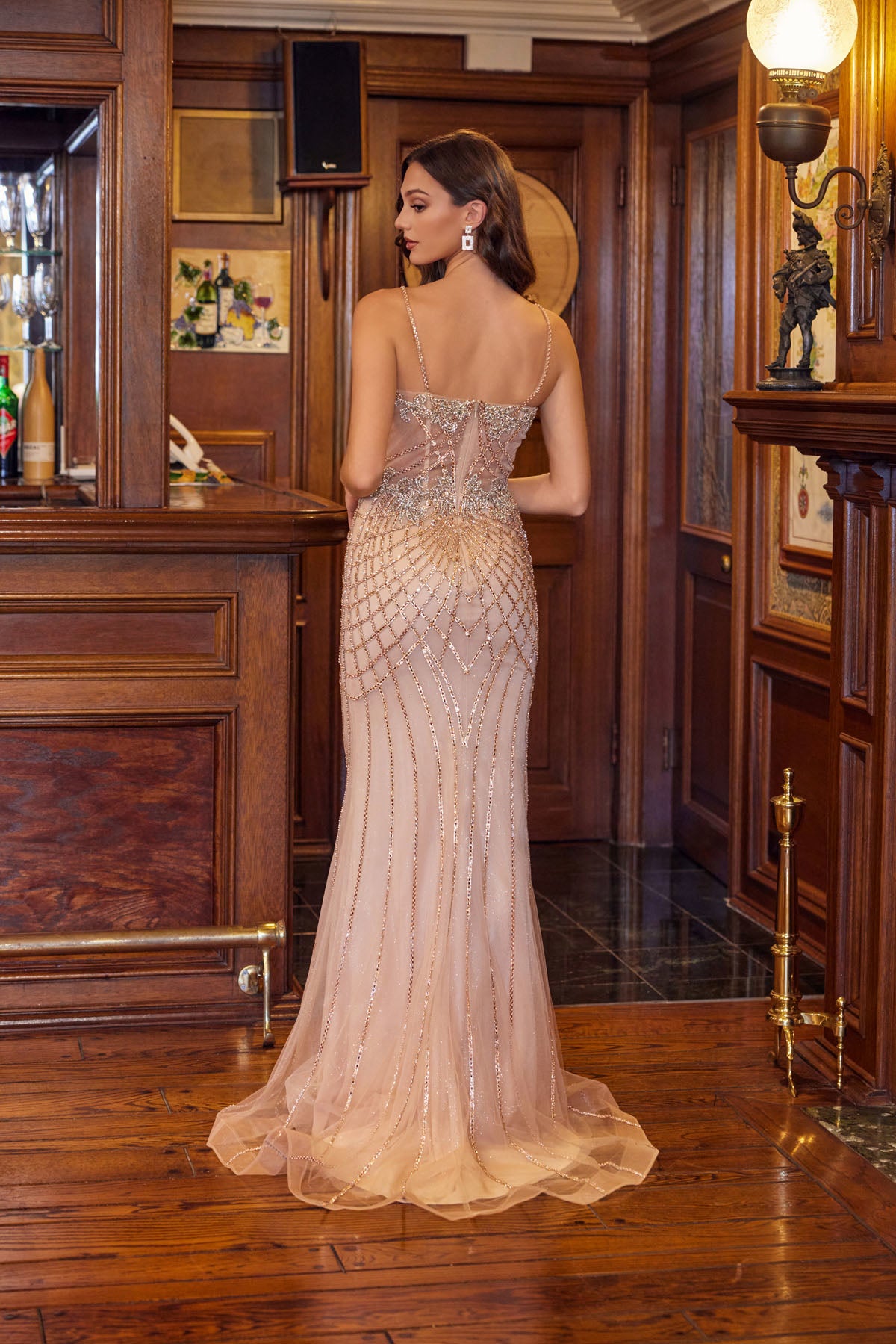 Beaded V-Neck Mermaid Dress by Juliet JT2709T 10 / Rose Gold
