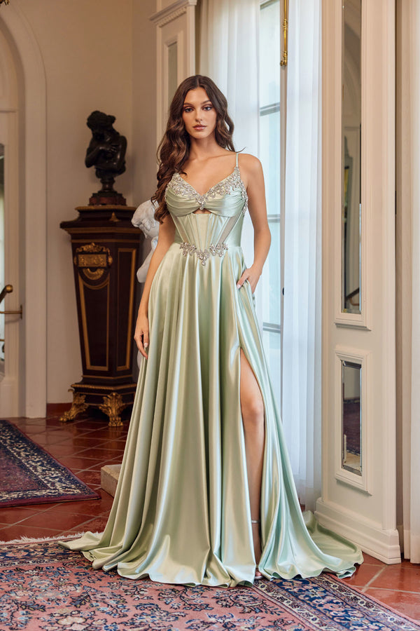 Juliet JT2711T Long Formal Corset Beaded Fitted A Line Prom Dress