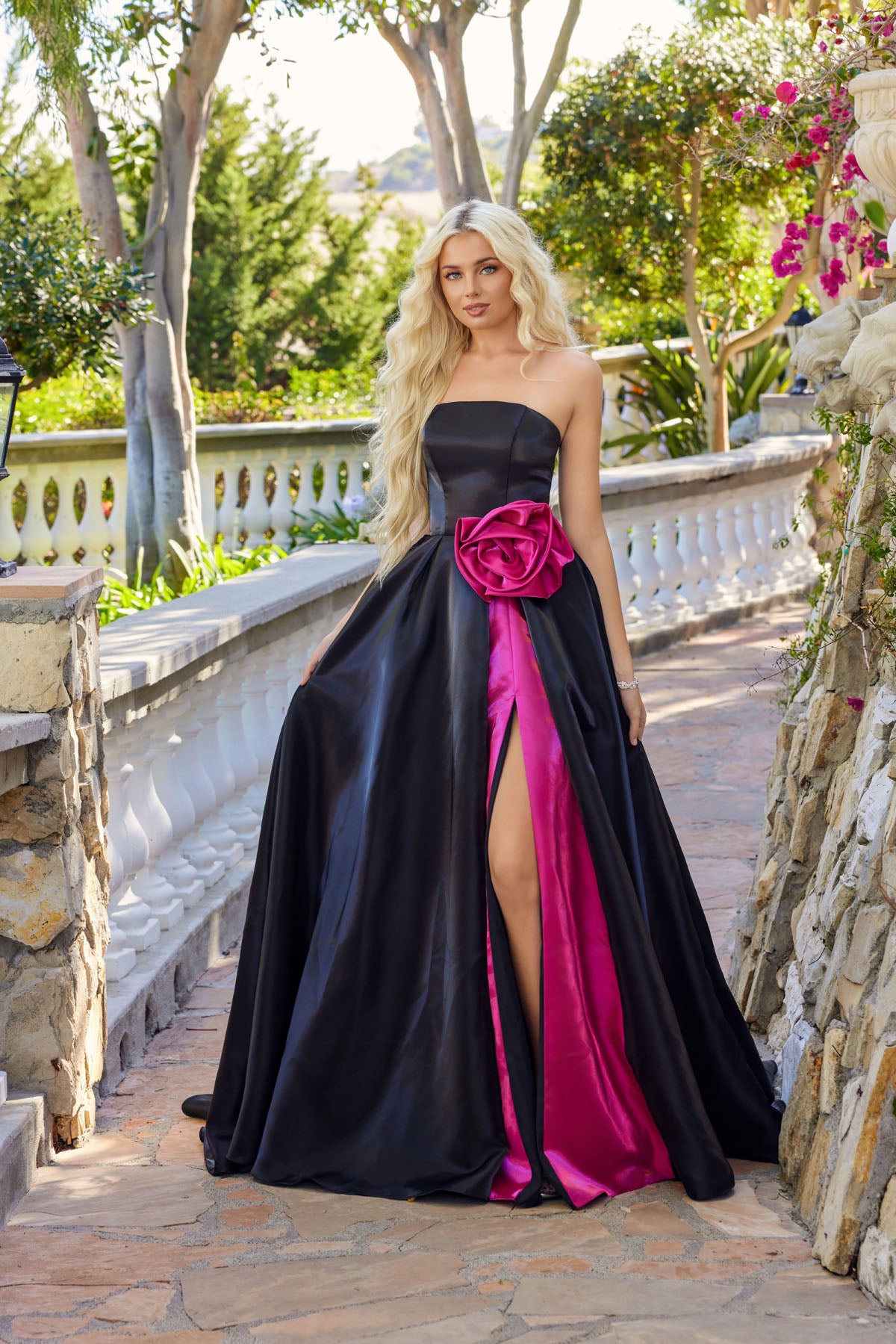 Prom Dresses Long Formal 3D Floral Ball Gown Prom Dress Black/Fucshia