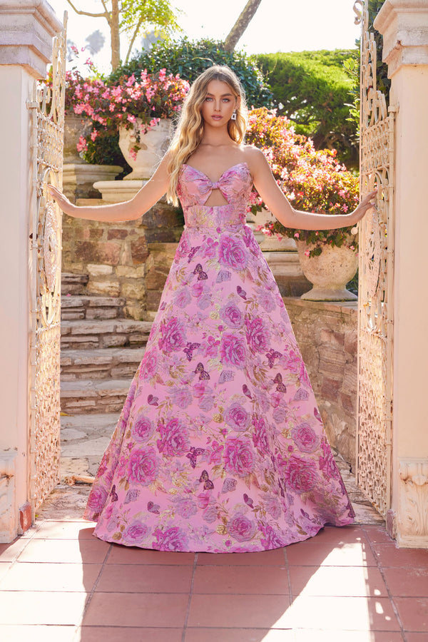 Juliet JT2735H Long Formal A Line Ball Gown Floral Print Prom Dress