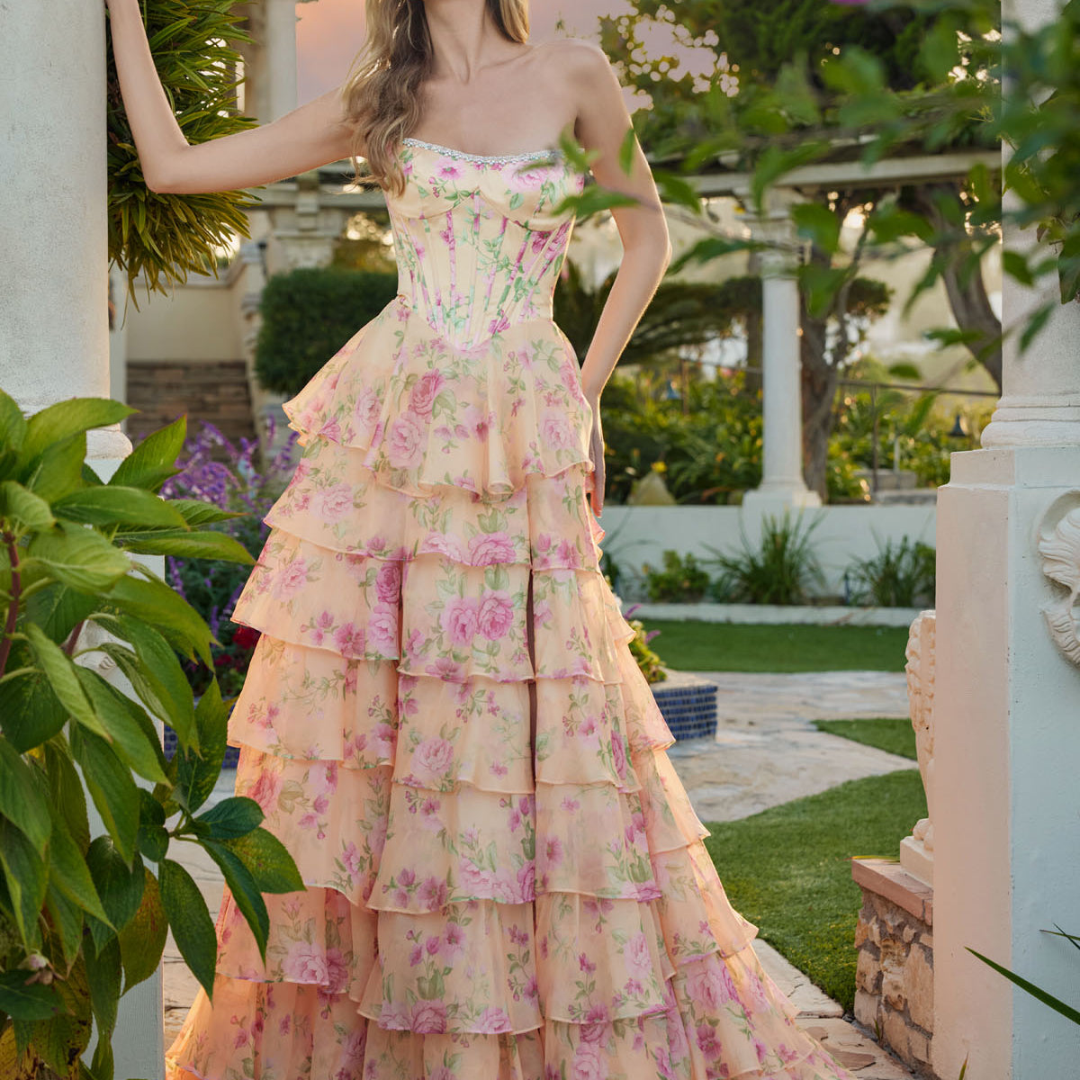Juliet JT2739S Long Prom Dress Pastel Yellow Floral / 8