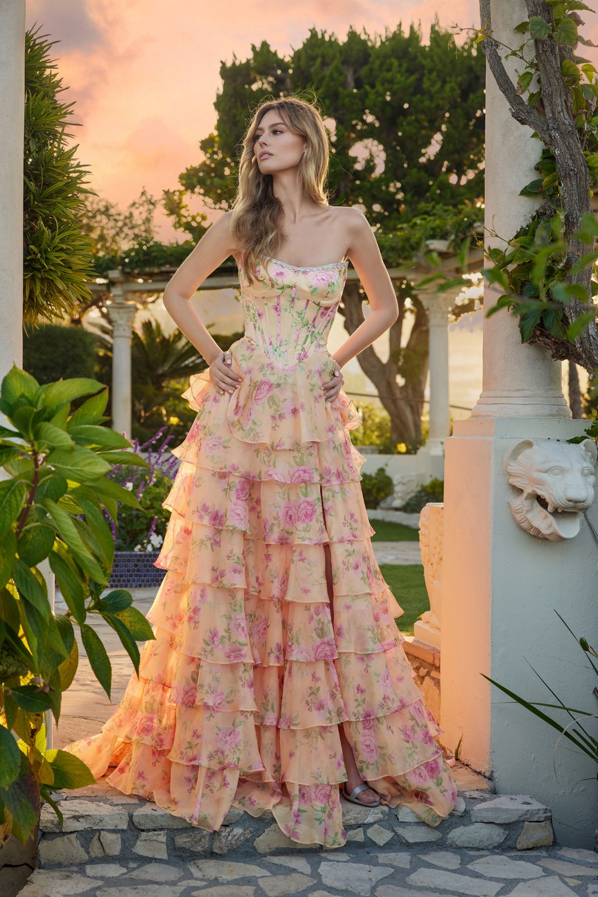 Juliet JT2739S Print Ruffle Long Formal Floral Corset Prom Dress