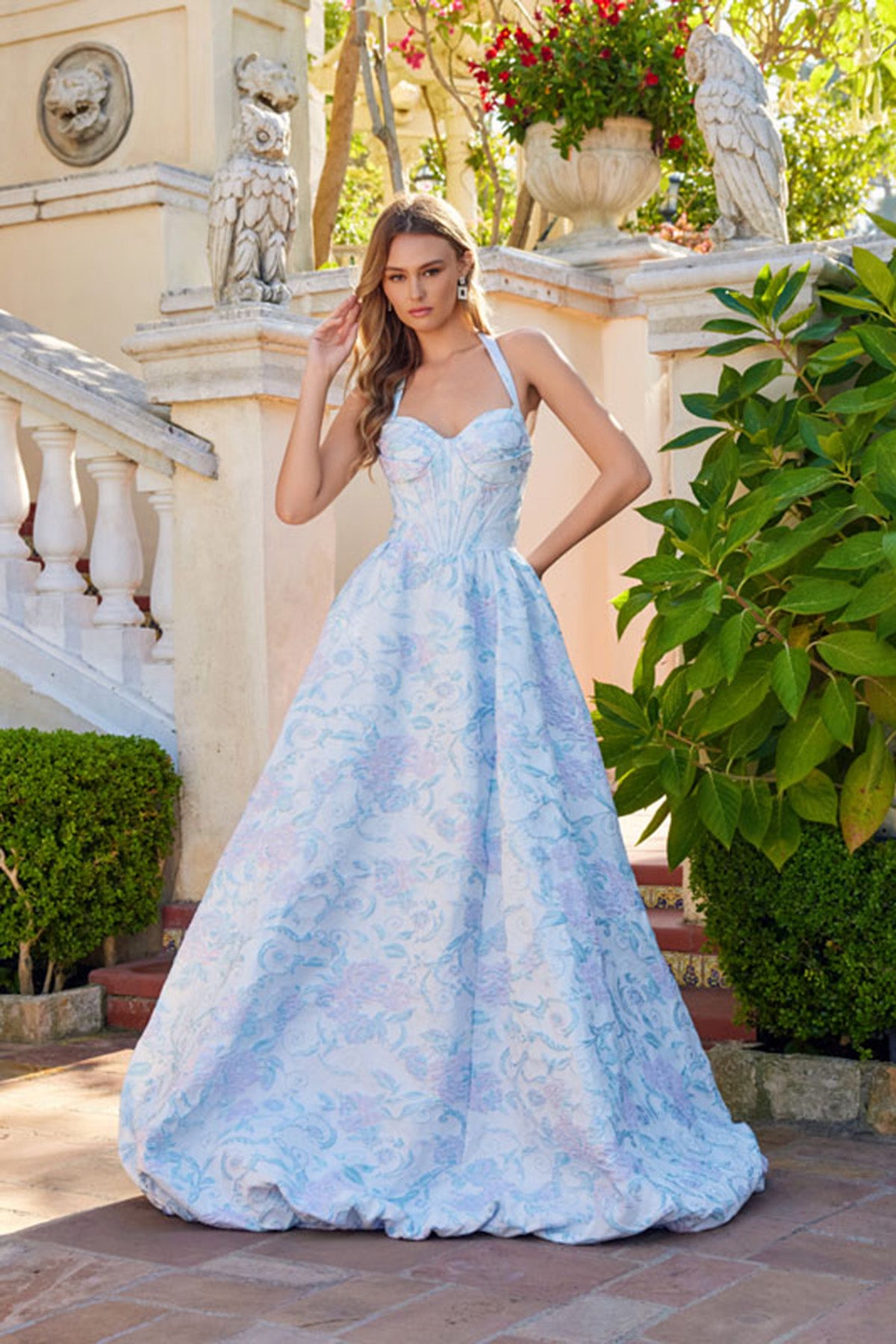 Juliet JT2742A Corset Long Formal Ball Gown Floral Prom Dress
