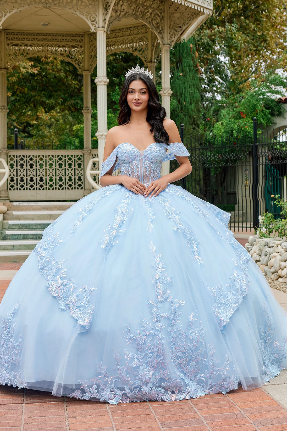 Quinceniera Dresses Long Floral Lace Ball Gown Quinceniera Dress Juliet JT1498J Bahama Blue