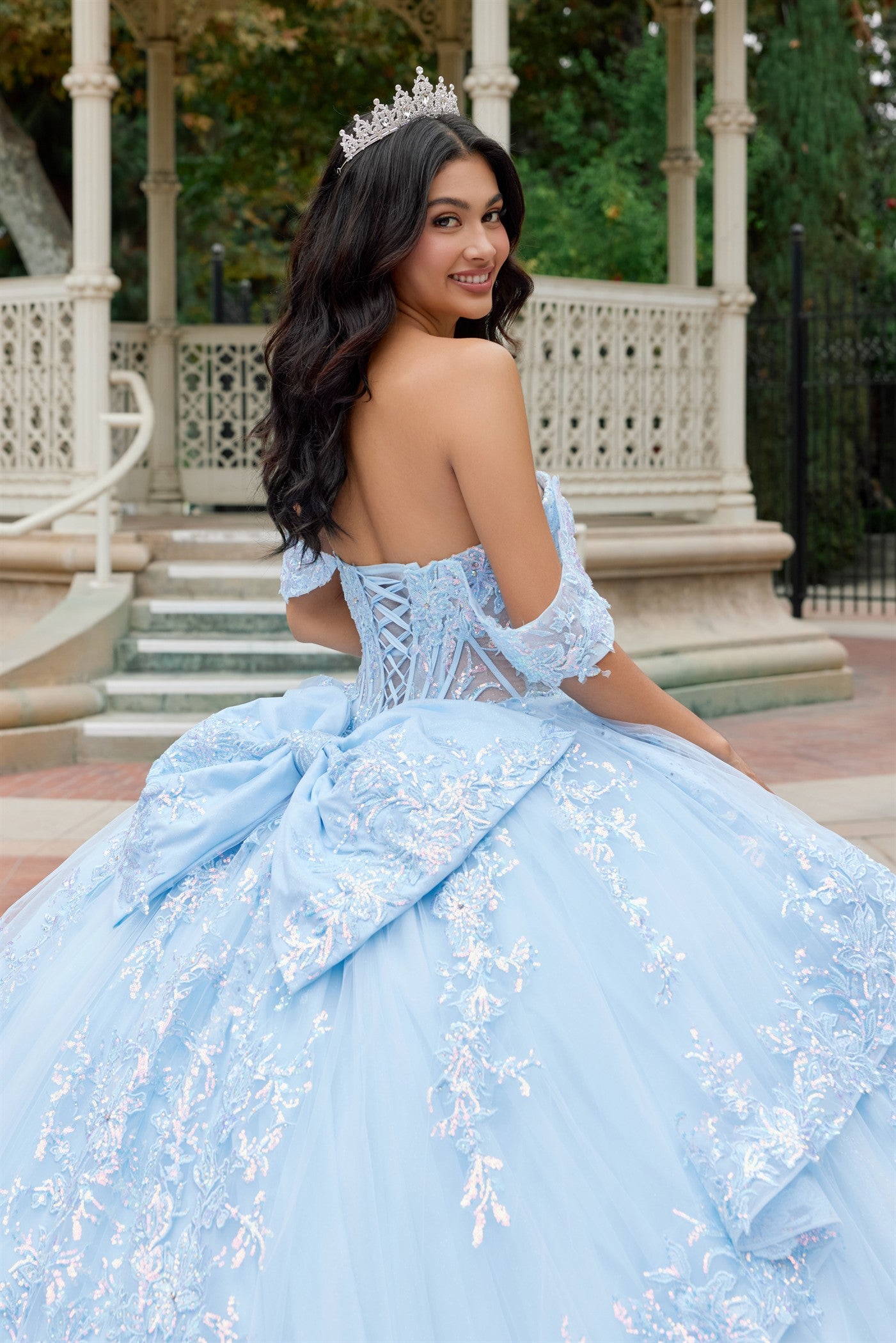 Quinceniera Dresses Long Floral Lace Ball Gown Quinceniera Dress Juliet JT1498J Bahama Blue