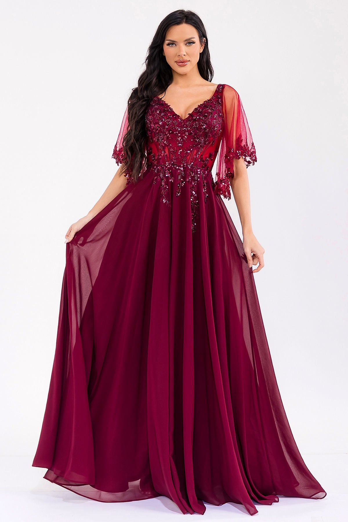 Burgundy V-Neck Floor-Length Chiffon Dress with Beaded Bodice Formal Gown Juliet JTM22U