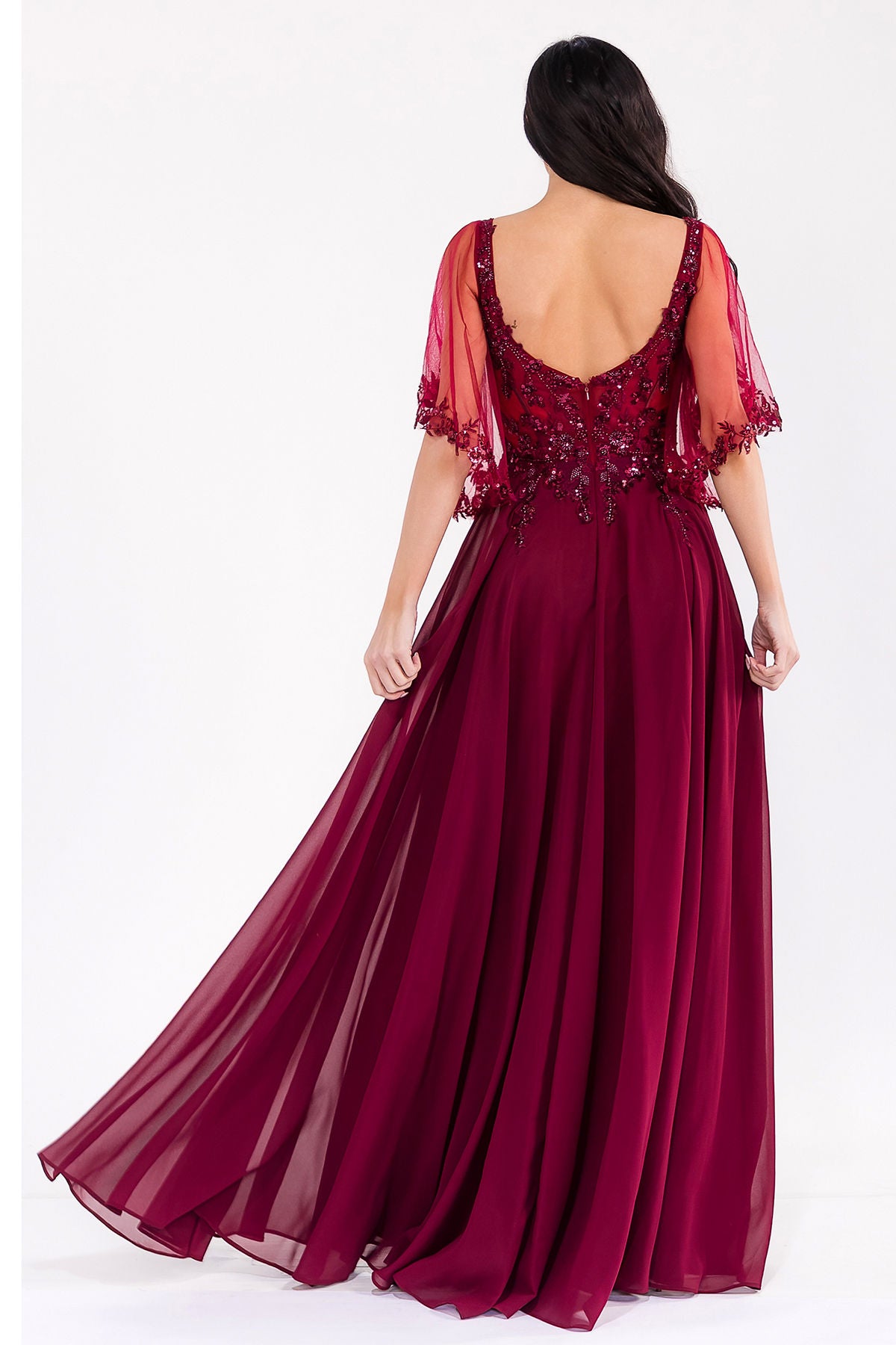Burgundy V-Neck Floor-Length Chiffon Dress with Beaded Bodice Formal Gown Juliet JTM22U