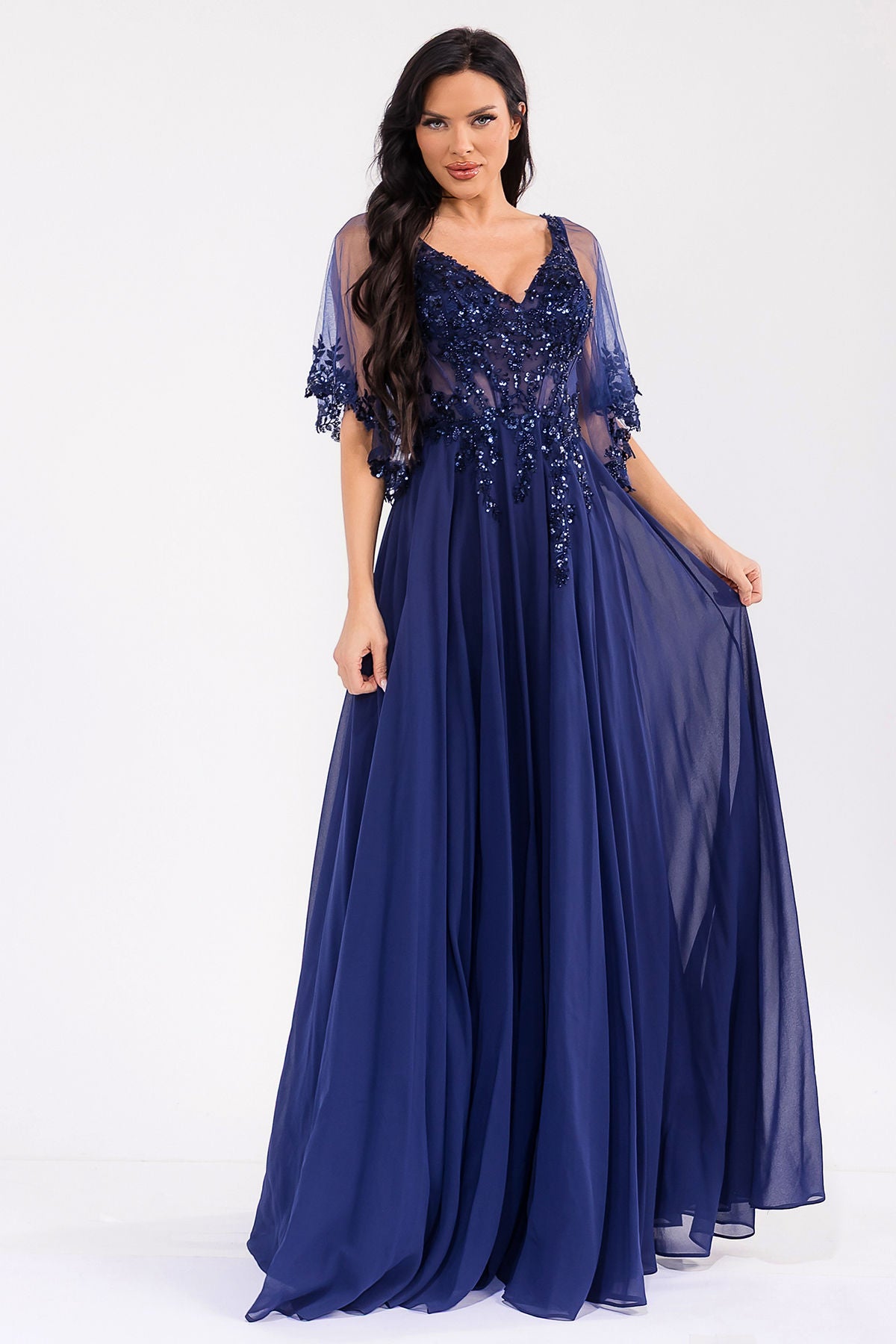 Navy Blue V-Neck Floor-Length Chiffon Dress with Beaded Bodice Formal Gown Juliet JTM22U