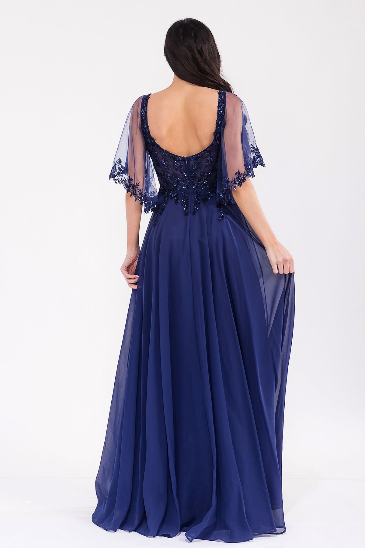 Navy Blue V-Neck Floor-Length Chiffon Dress with Beaded Bodice Formal Gown Juliet JTM22U