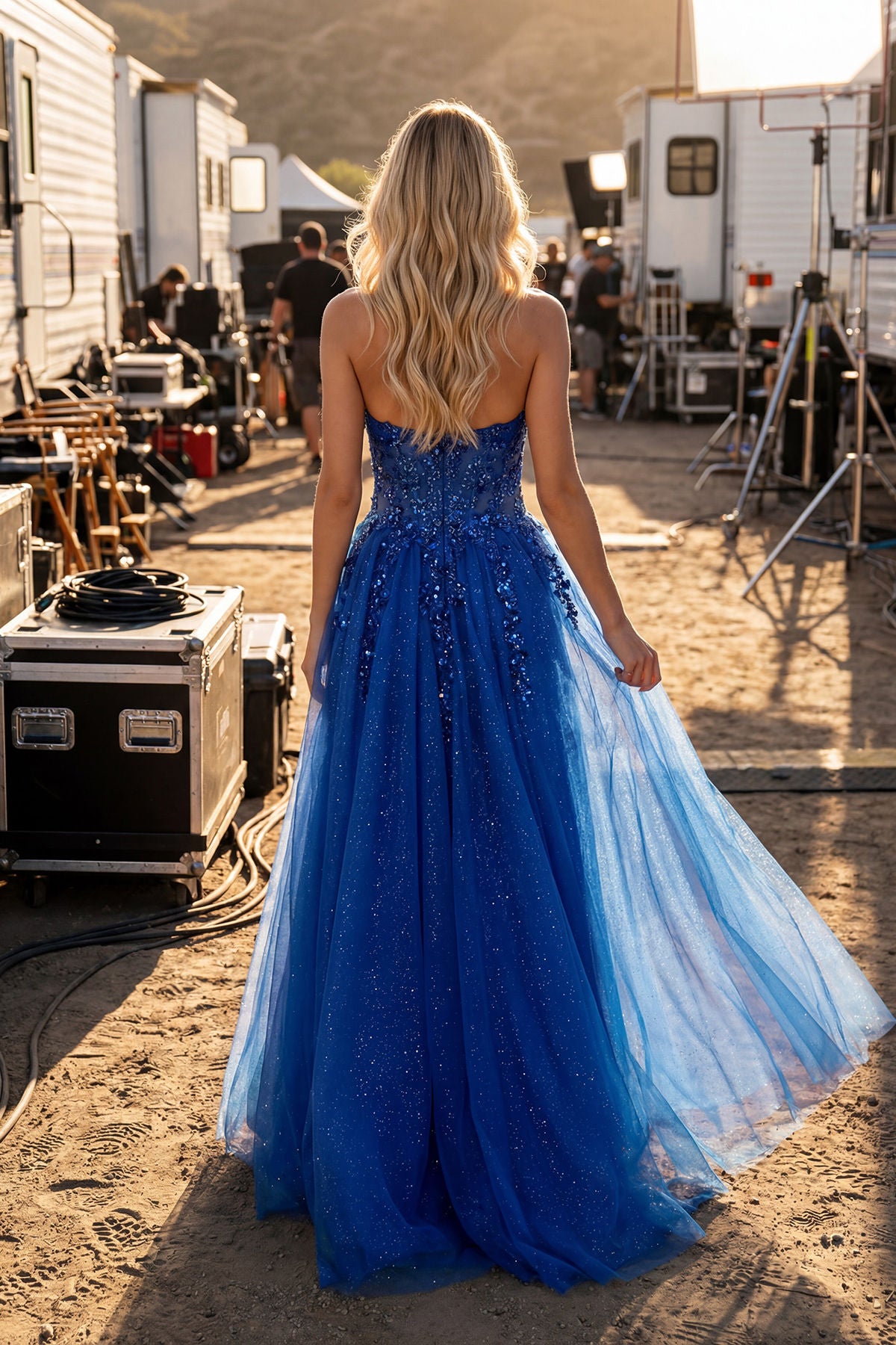 Royal Blue Strapless Floor-Length Tulle Gown with Sheer Slit Skirt Embroidered Prom Gown Juliet JT2622U