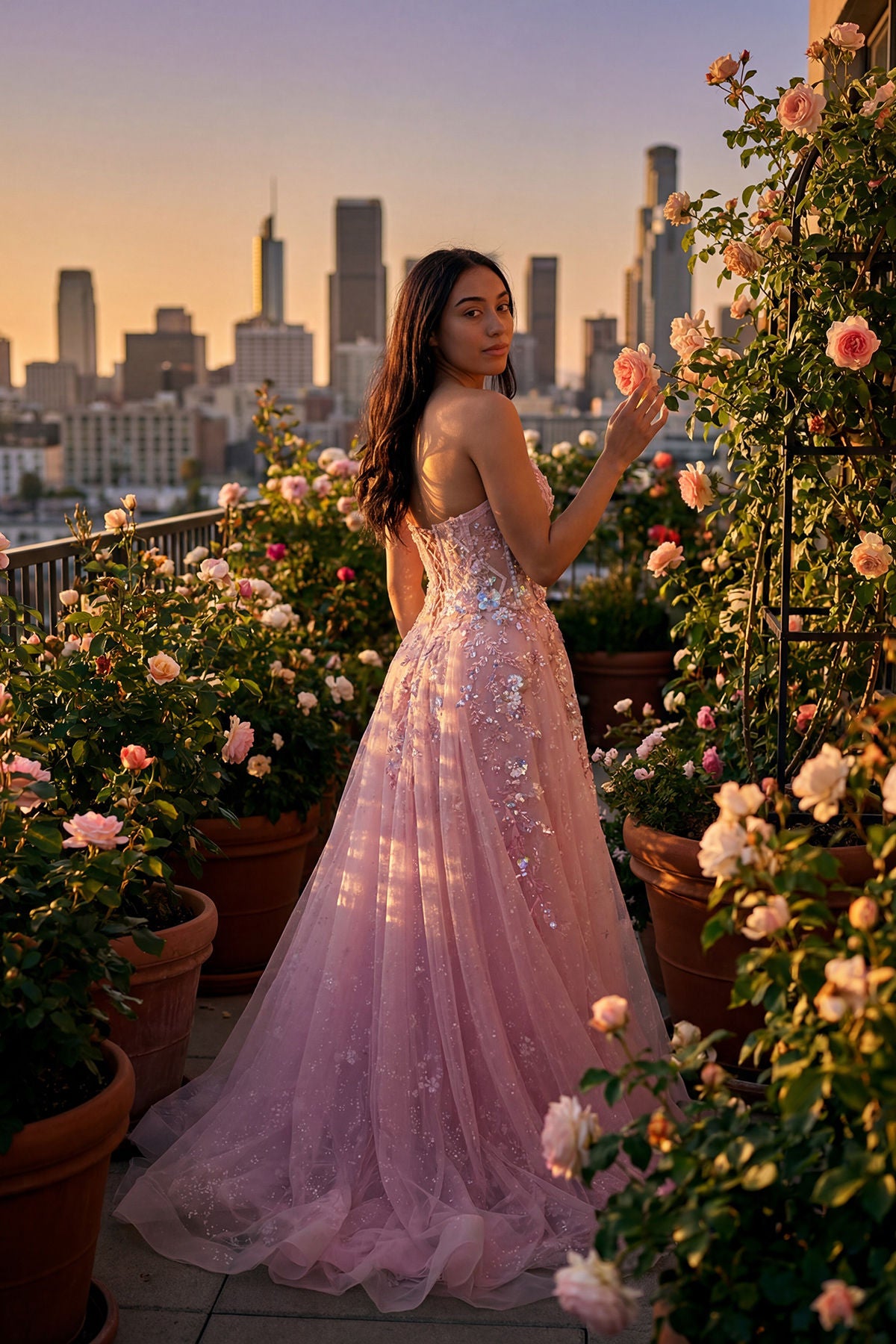 Baby Pink Strapless Floor-Length Tulle Gown with Floral Appliqué Corset Bodice Prom Gown Juliet JT2636G