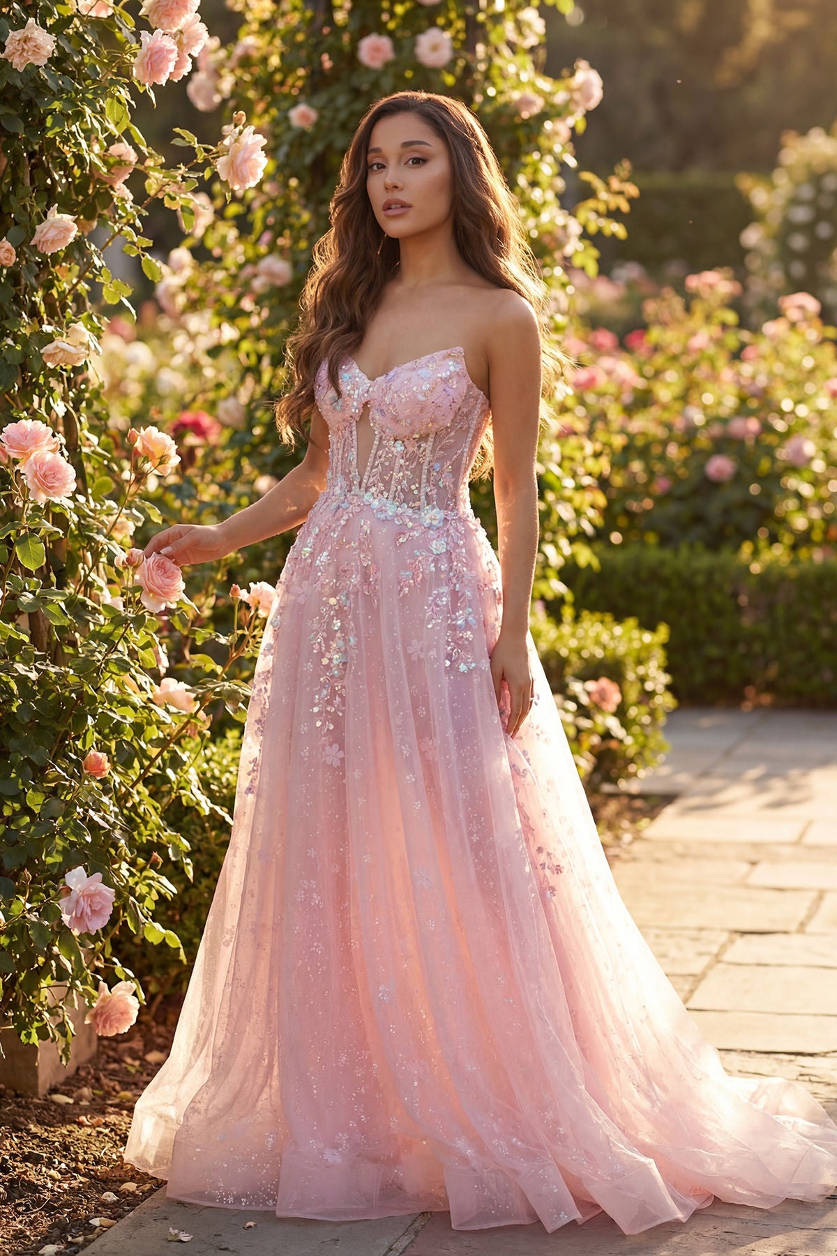 Baby Pink Strapless Floor-Length Tulle Gown with Floral Appliqué Corset Bodice Prom Gown Juliet JT2636G