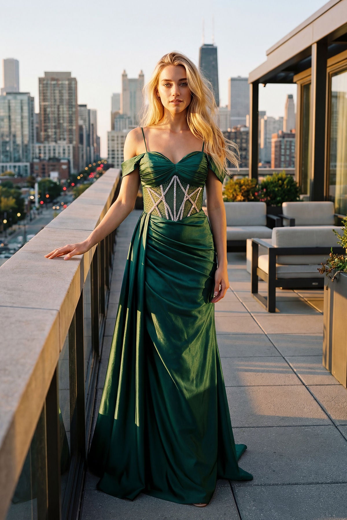 Emerald Gold Sweetheart Neckline Floor-Length Satin Gown with High Slit Formal Dress Juliet JT2658S