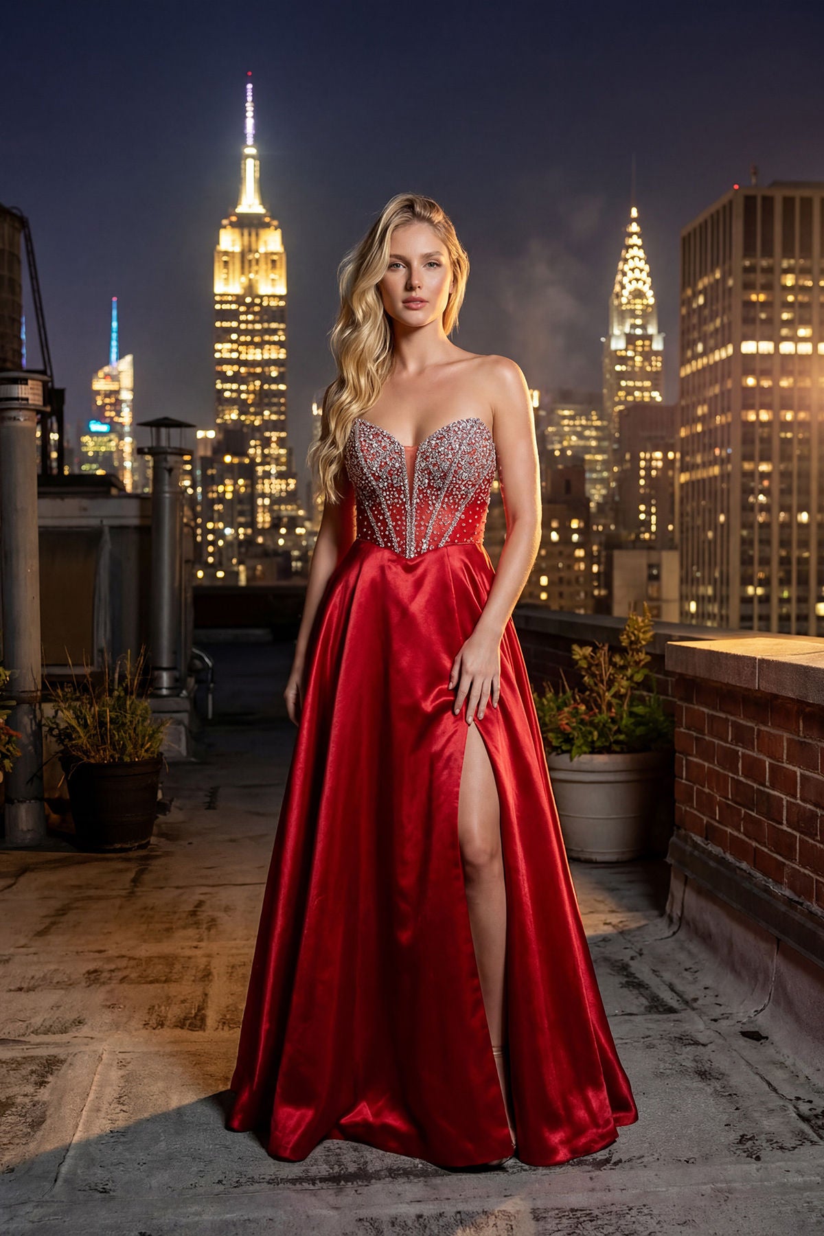 Red Strapless Corset Floor-Length Satin Gown with High Slit Prom Gown Juliet JT2662S
