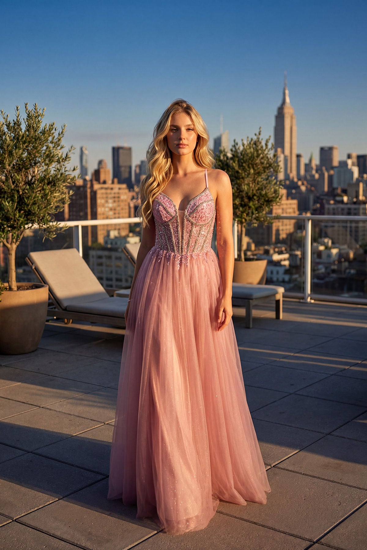 Rose V-Neck Floor-Length Satin Gown with Beaded Corset Bodice and Flowing Skirt Prom Gown Juliet JT2668S