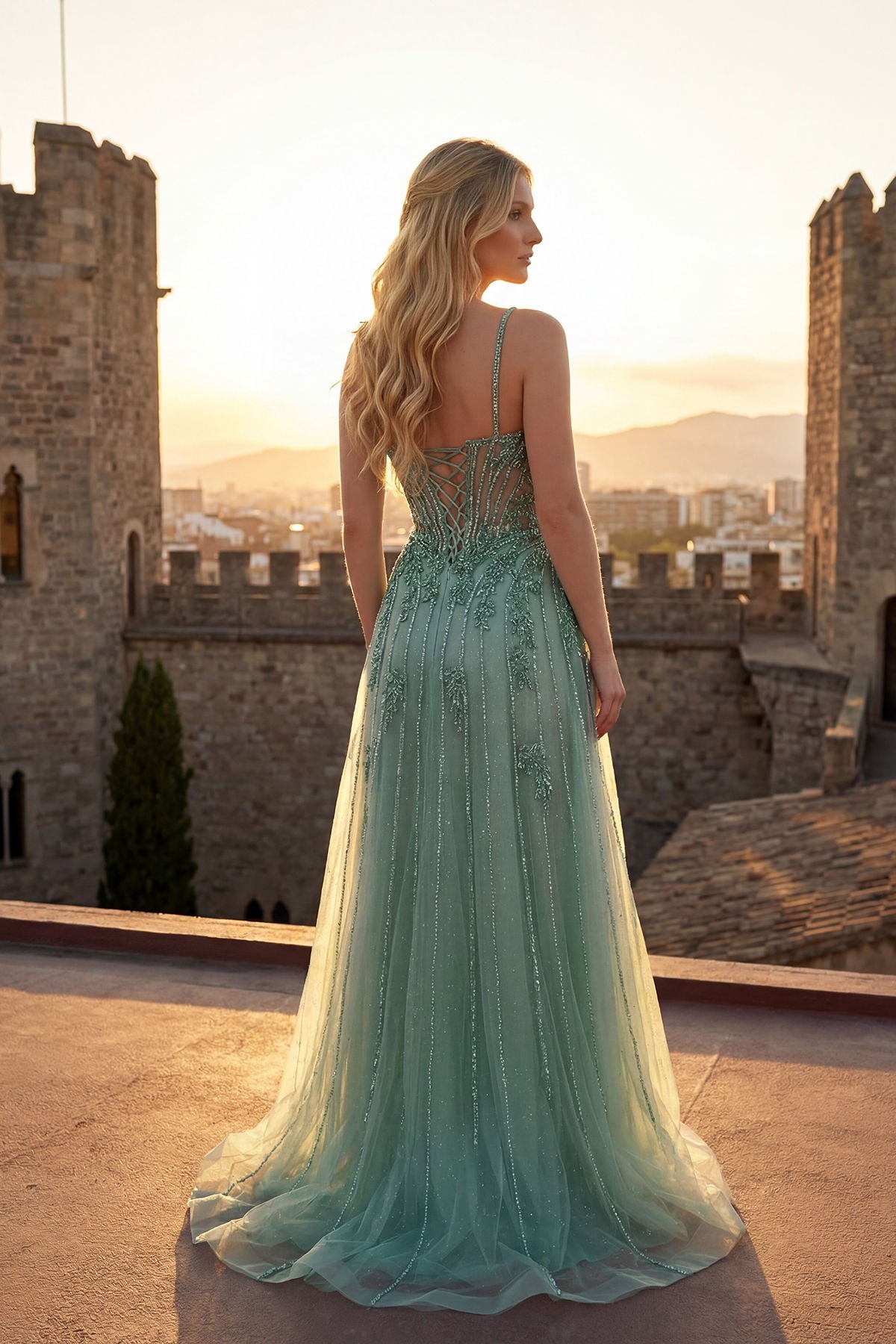 Sage Green V-Neck Floor-Length Beaded Dress with High Slit Formal Gown Juliet JT2710T