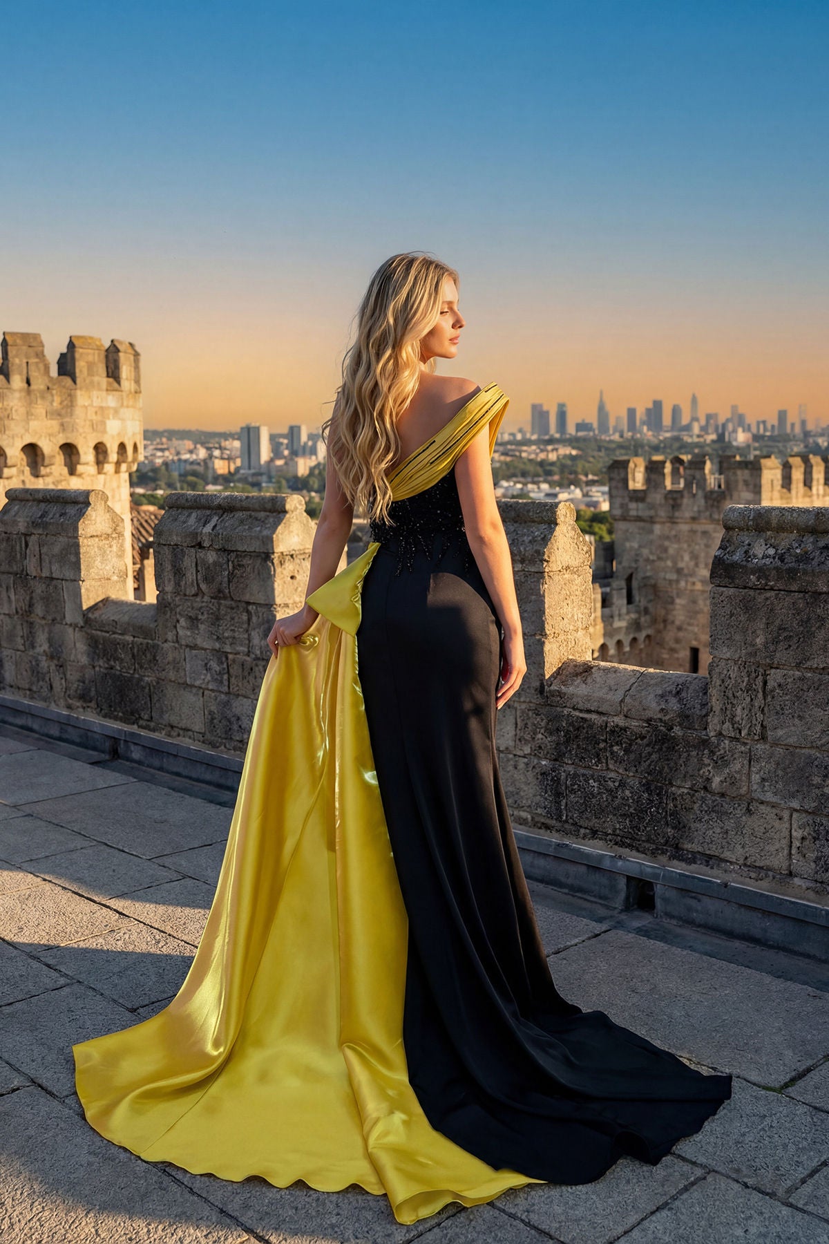 Black One Shoulder Floor-Length Satin Dress with High Slit Formal Gown Juliet JT2712C