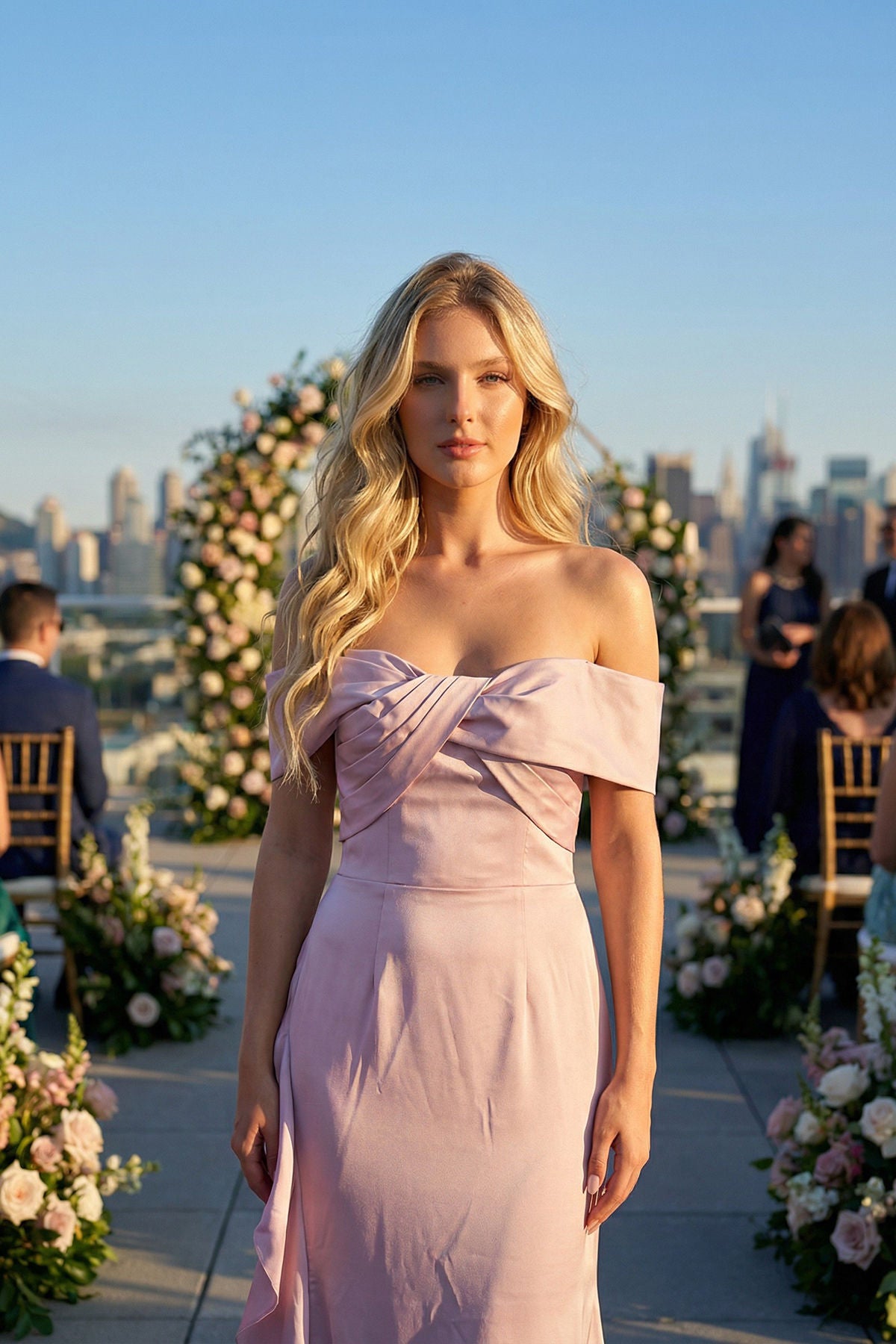 Dusty Pink Off the Shoulder Floor-Length Satin Dress with Ruffle Accent Formal Gown Juliet JT2721C